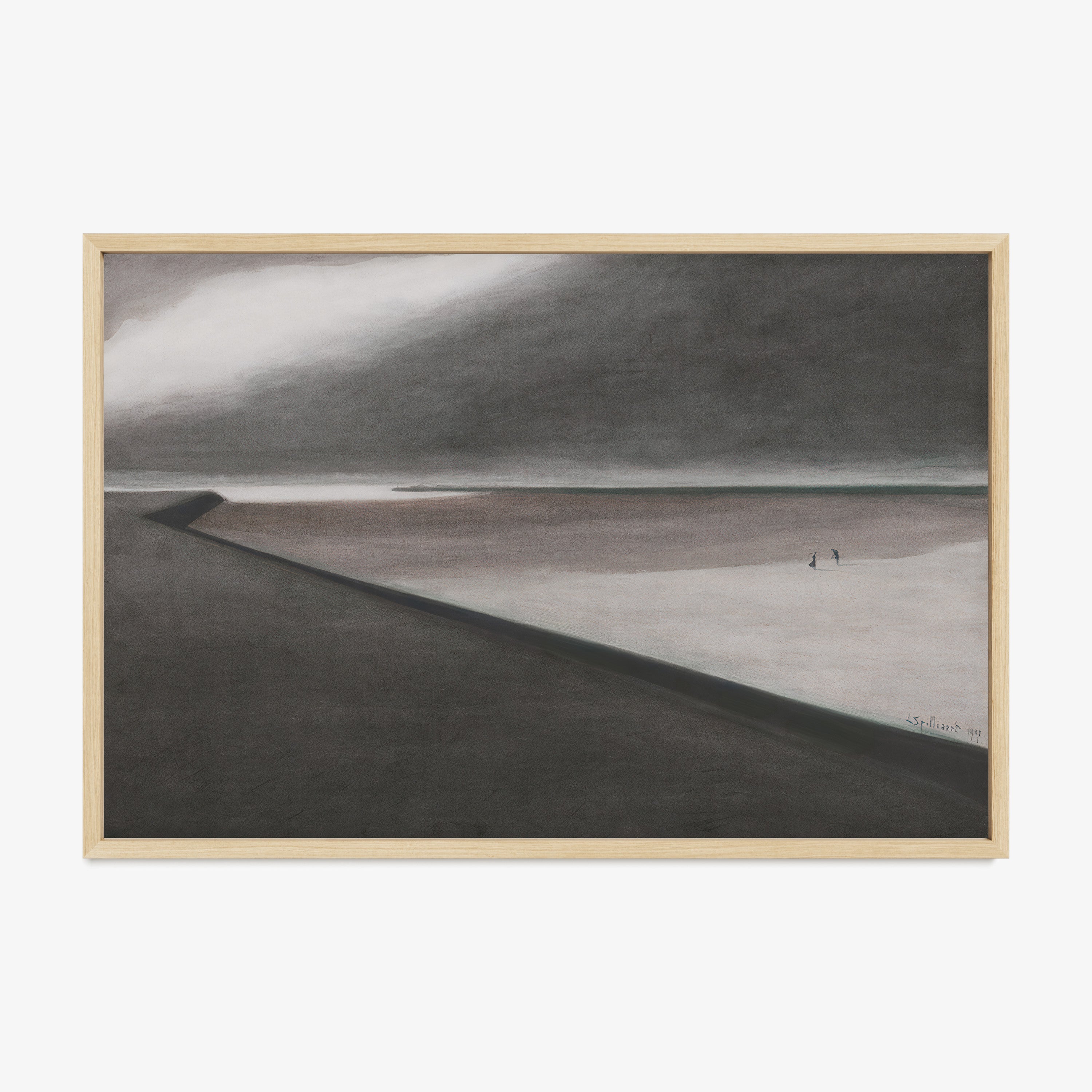 Framed poster of a dark beach scene hanging on a light background