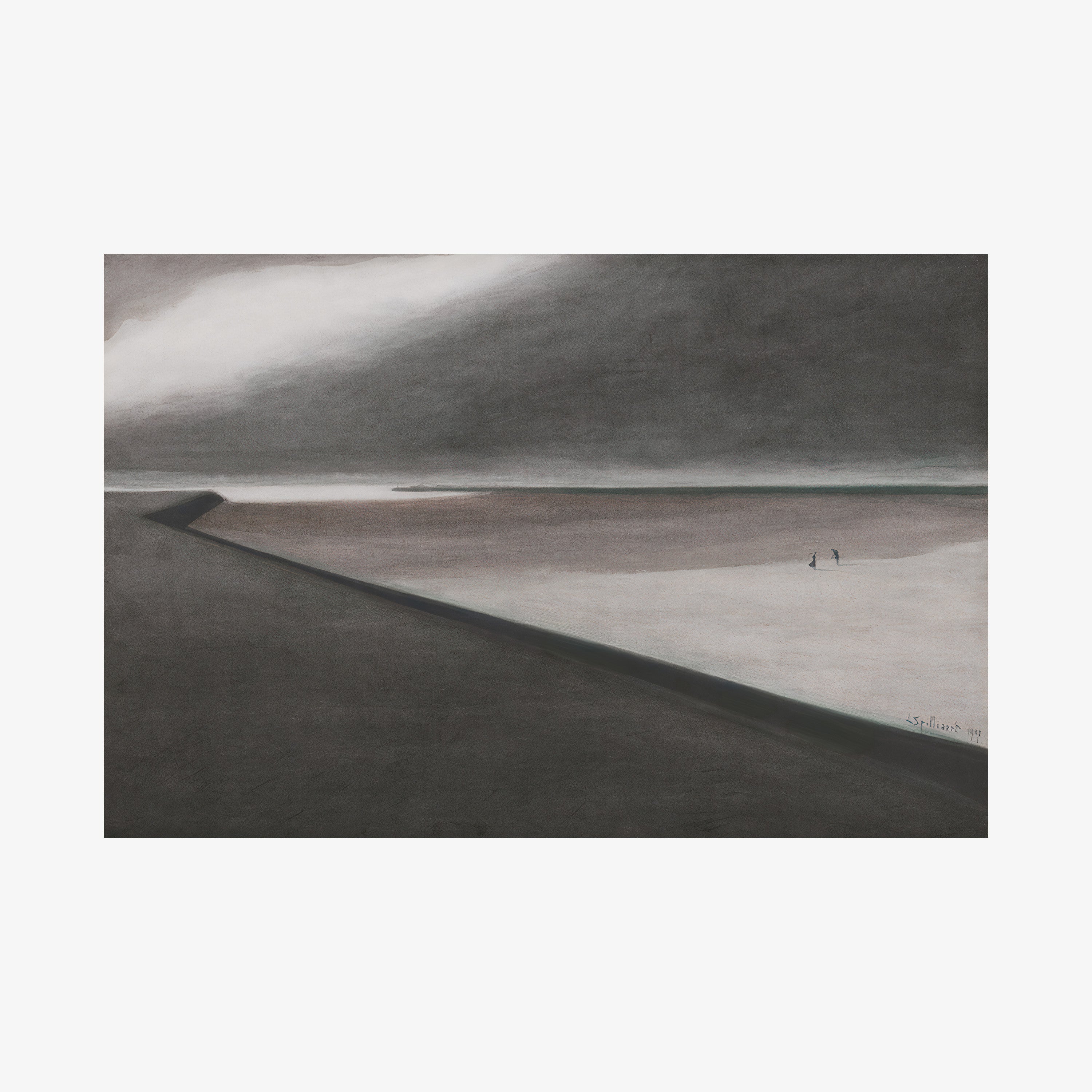 Poster of a dark beach scene hanging on a light background
