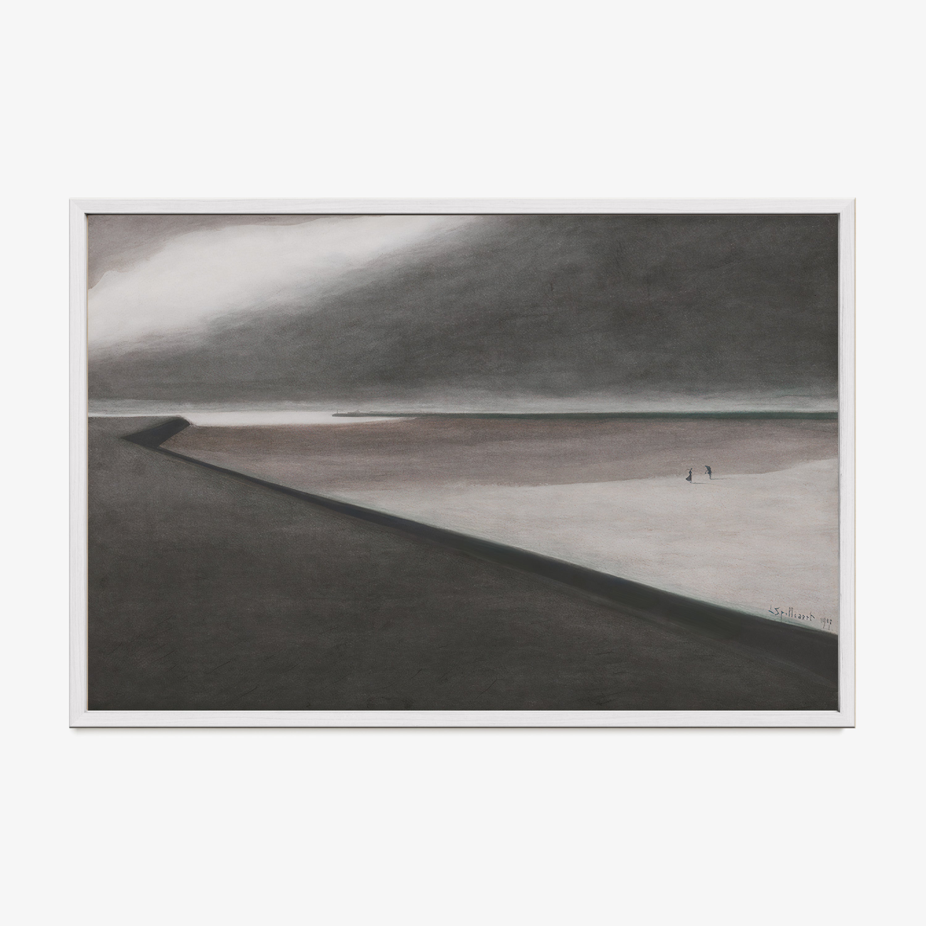 Framed poster of a dark beach scene hanging on a light background