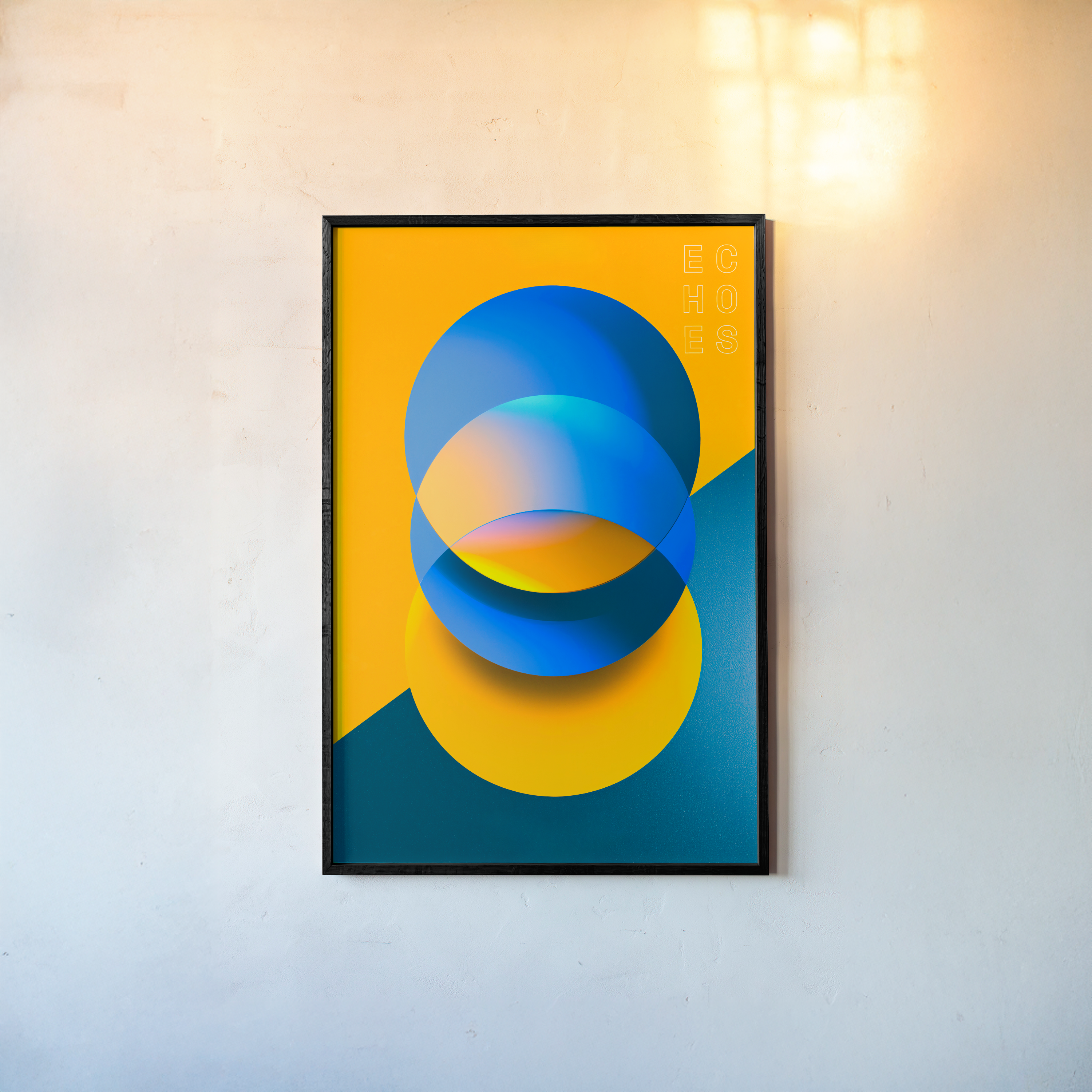 Framed poster featuring orange and blue abstract shapes titled "Echoes"