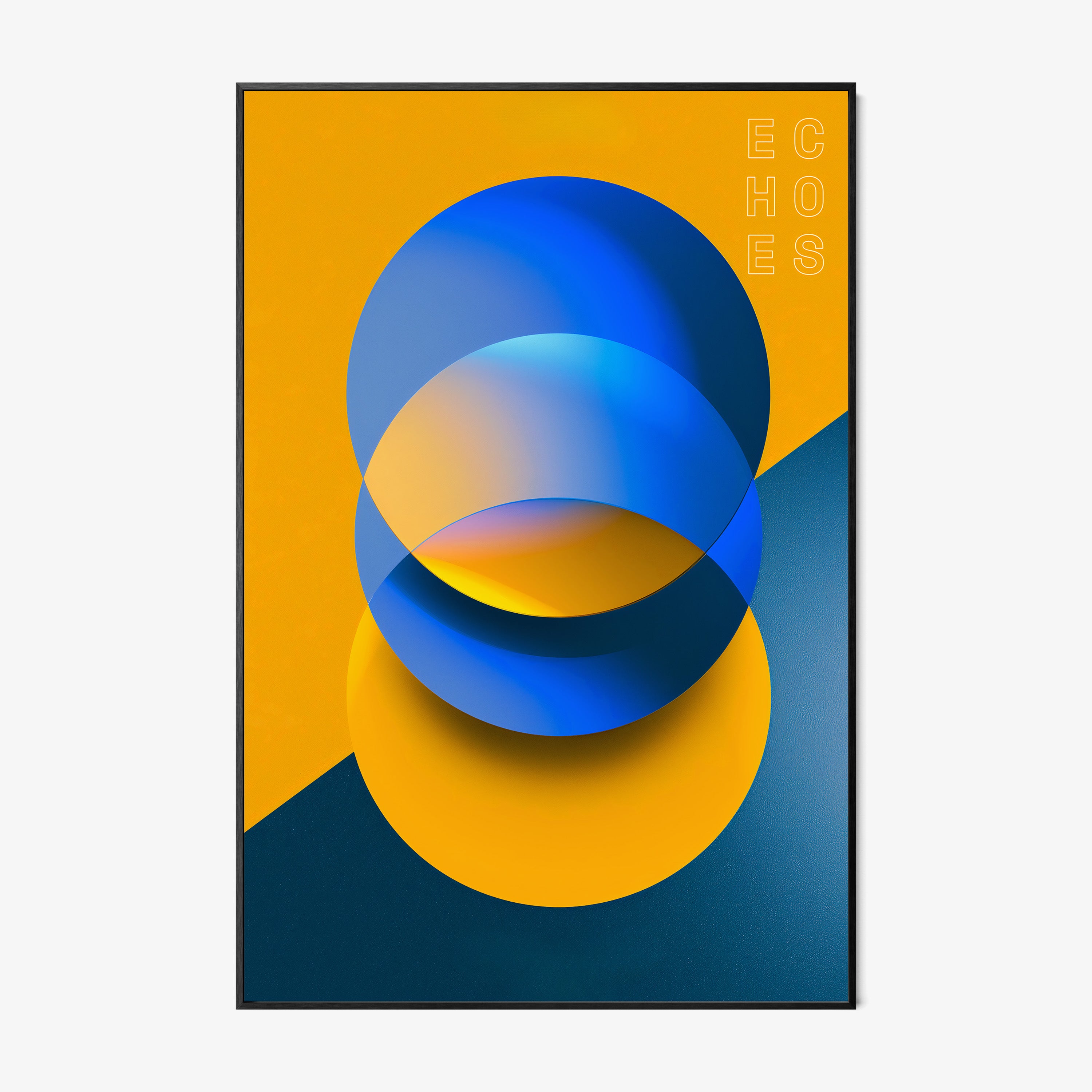 Framed poster featuring orange and blue abstract shapes titled "Echoes"