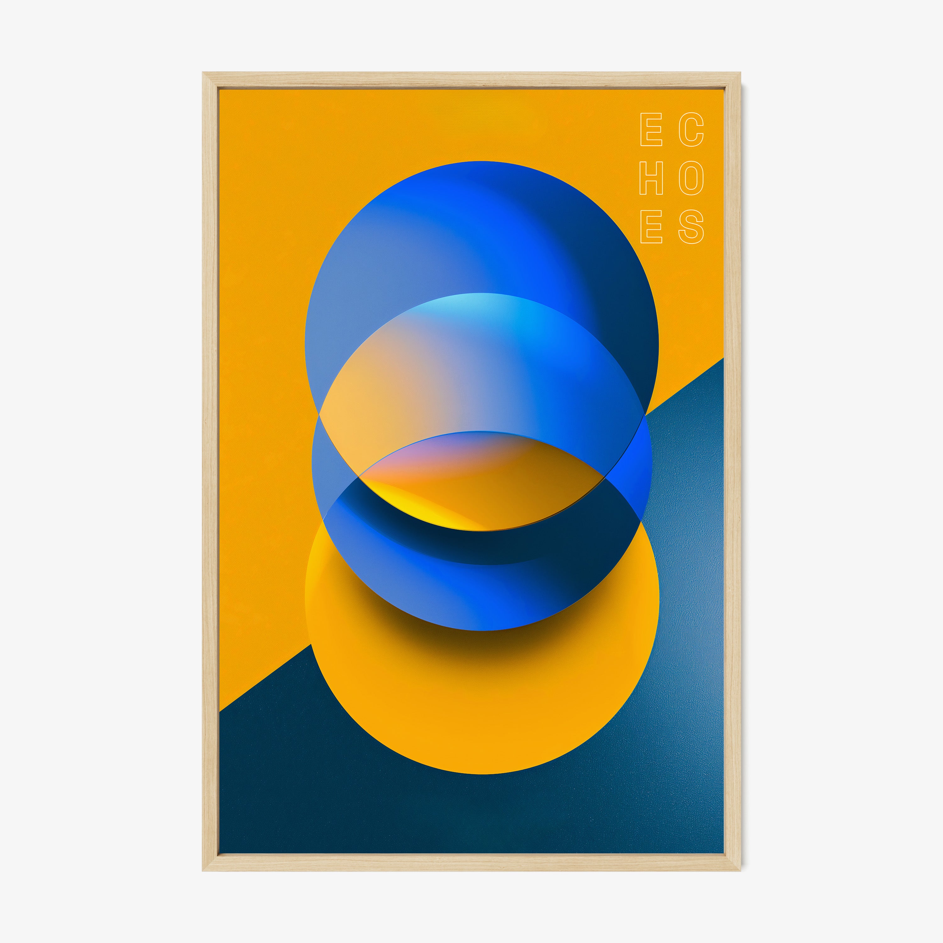Framed poster featuring orange and blue abstract shapes titled "Echoes"
