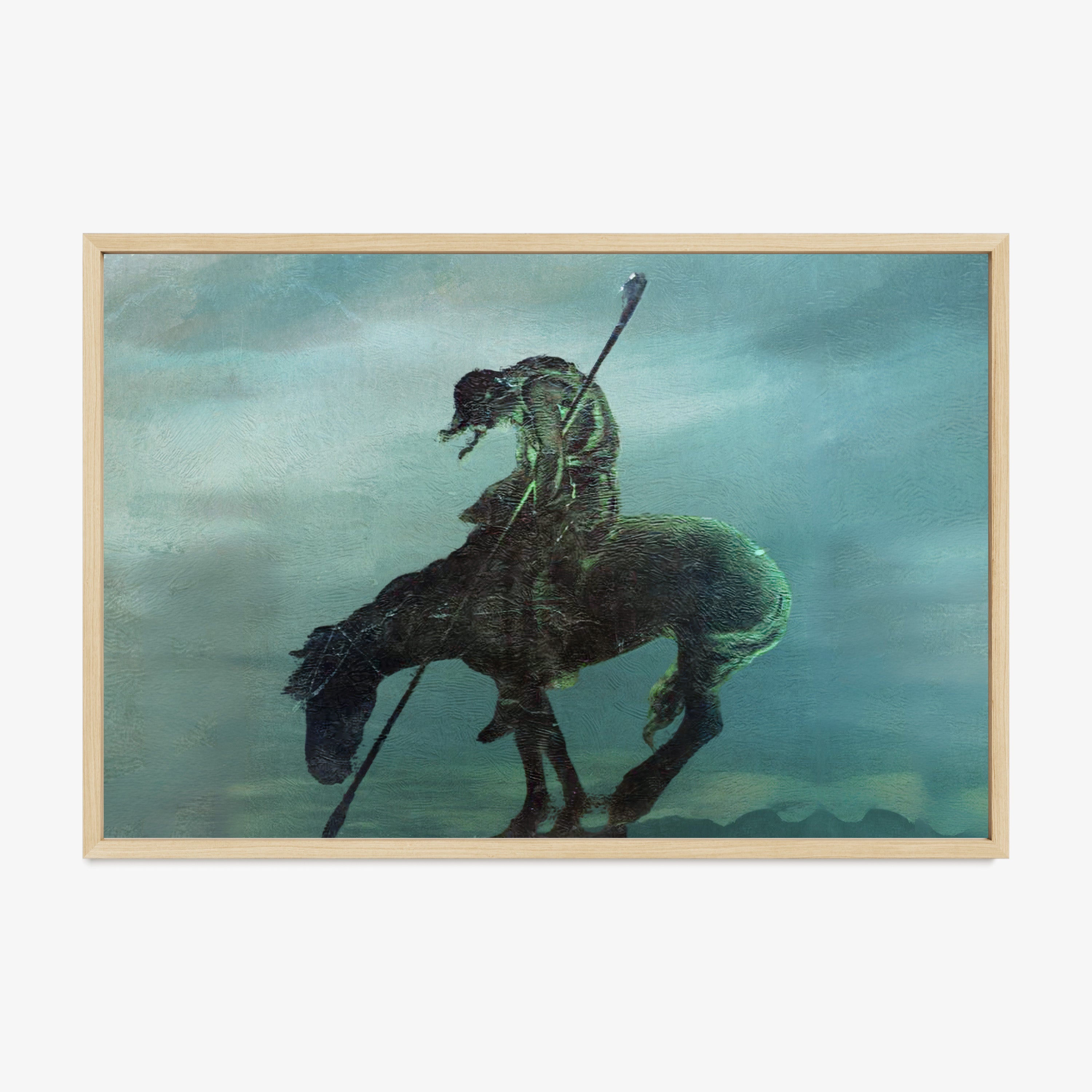 Framed poster of a horseman in a dark setting hanging on a light background
