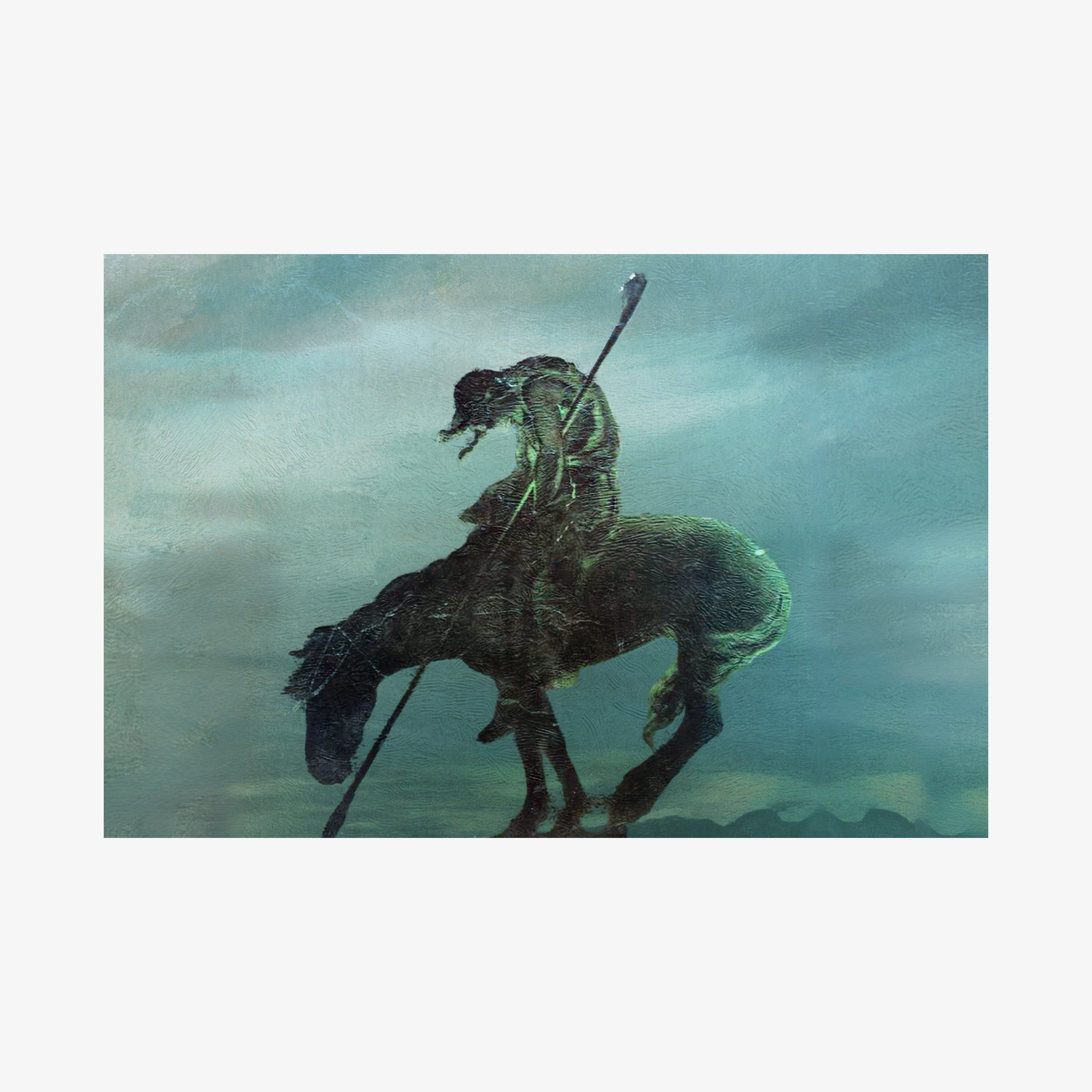 Poster of a horseman in a dark setting hanging on a light background