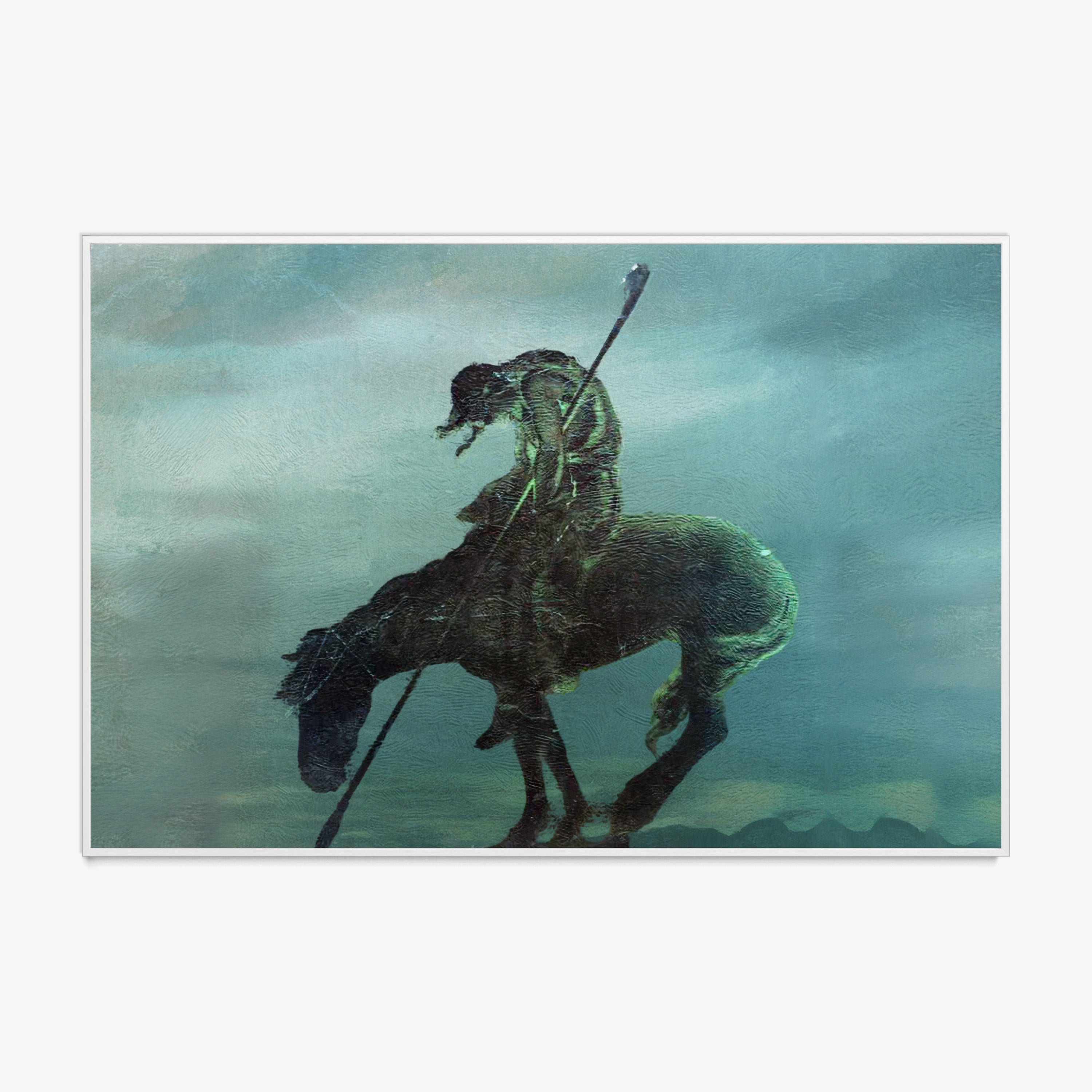 Framed poster of a horseman in a dark setting hanging on a light background
