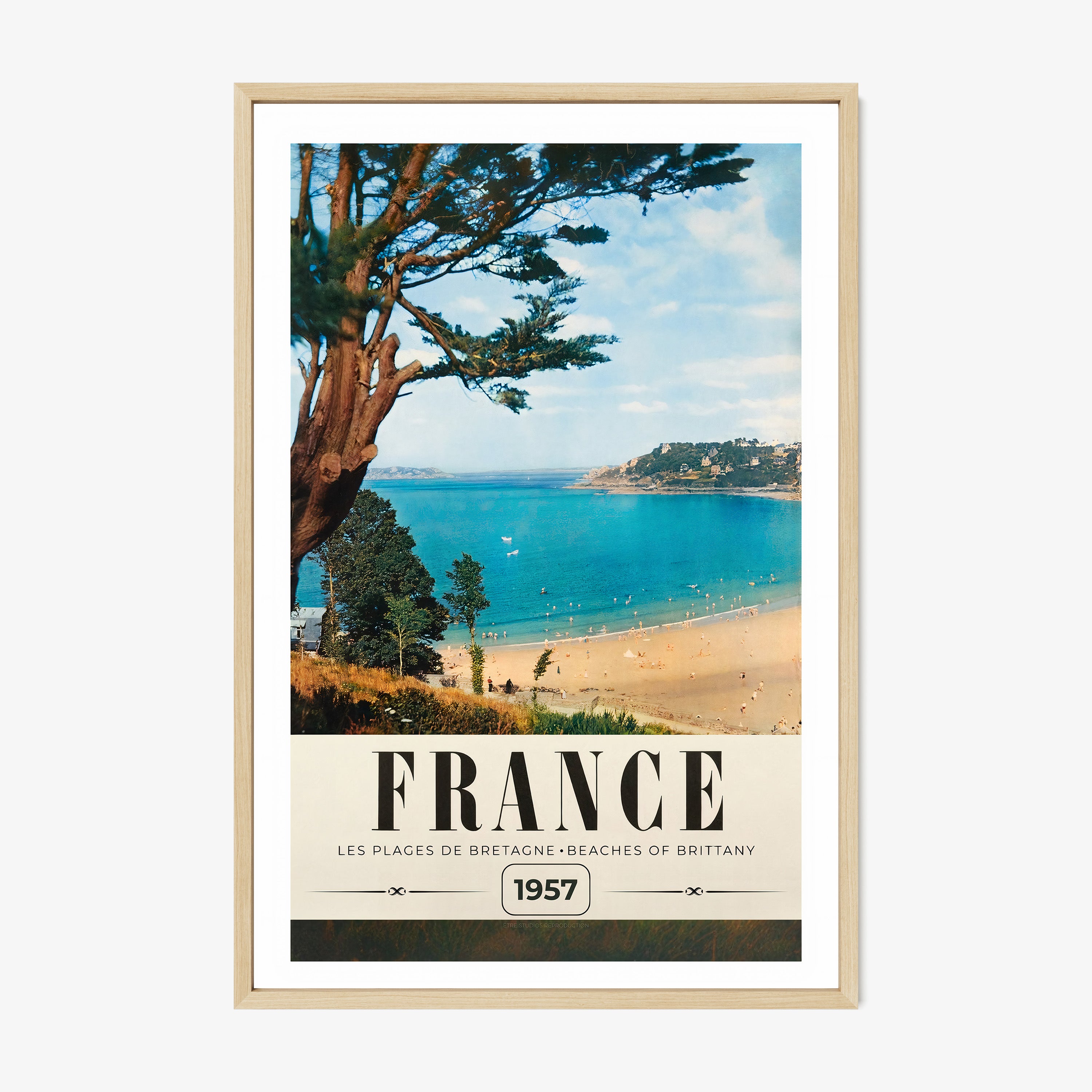 Poster of a beach with the text "France" on a light background