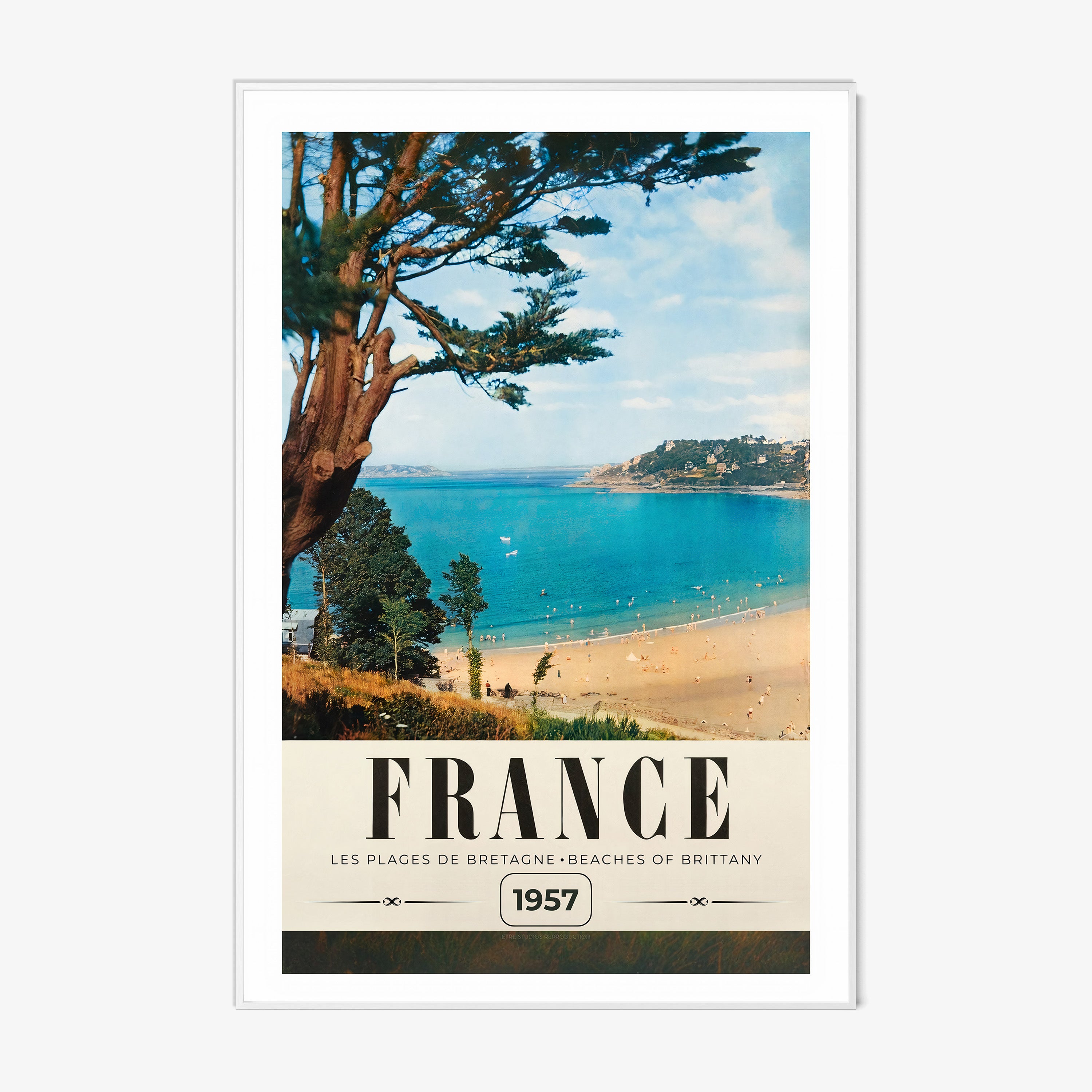 Poster of a beach with the text "France" on a light background