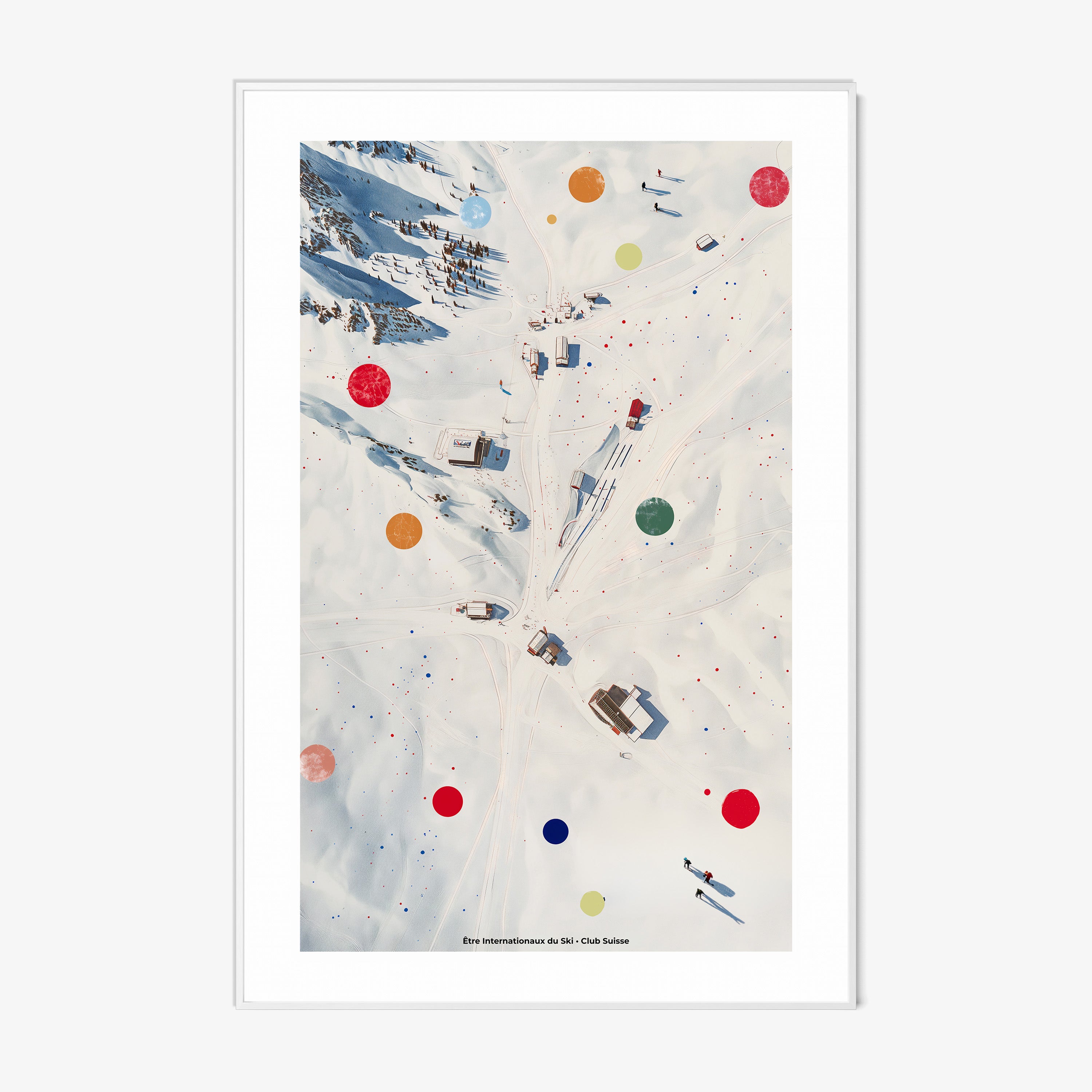 Framed poster of an overhead view of a snowy covered ski area hanging on a light background
