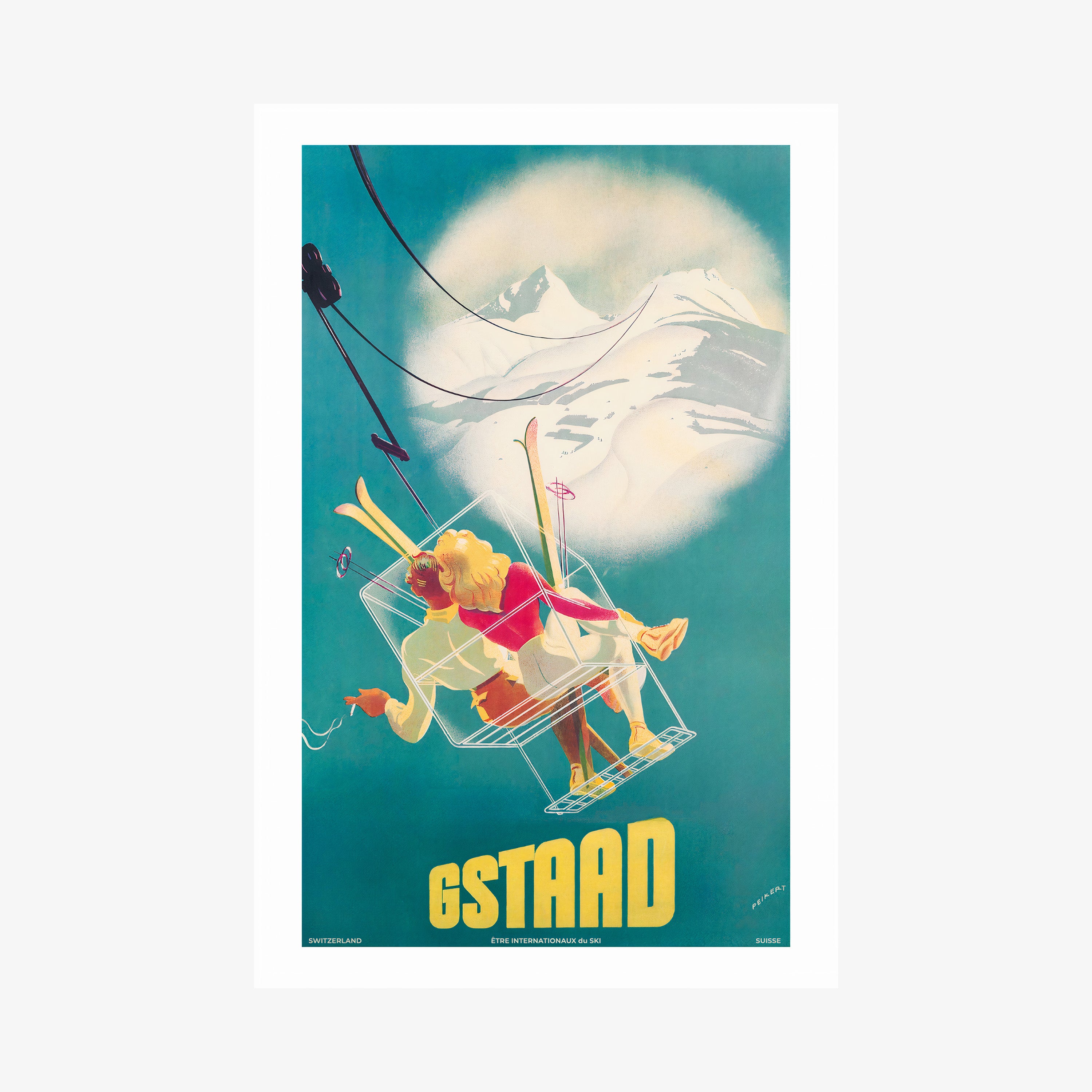 Poster of a whimsical ski lift image featuring two people and the text "GSTAAD" at the bottom hanging with a light background