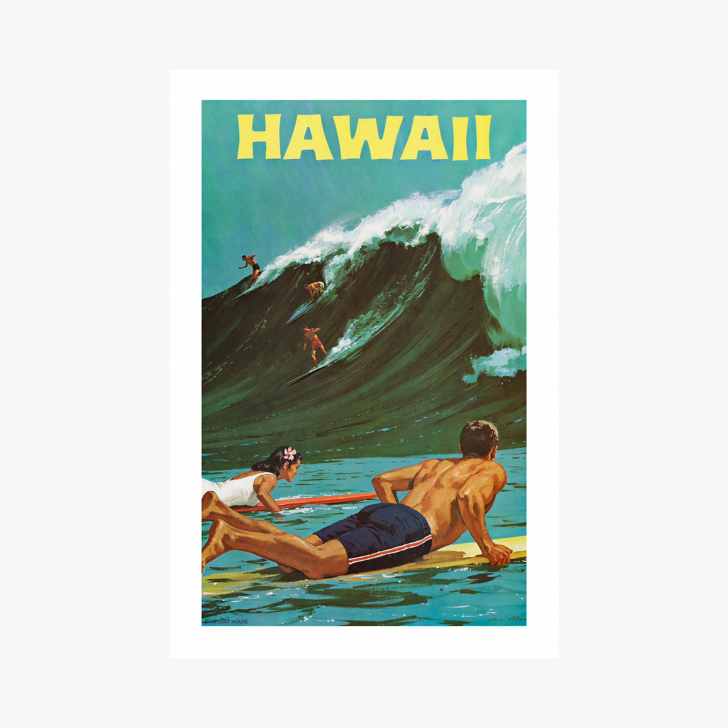 "Hawaii" poster featuring surfers on a big wave hanging on a light background