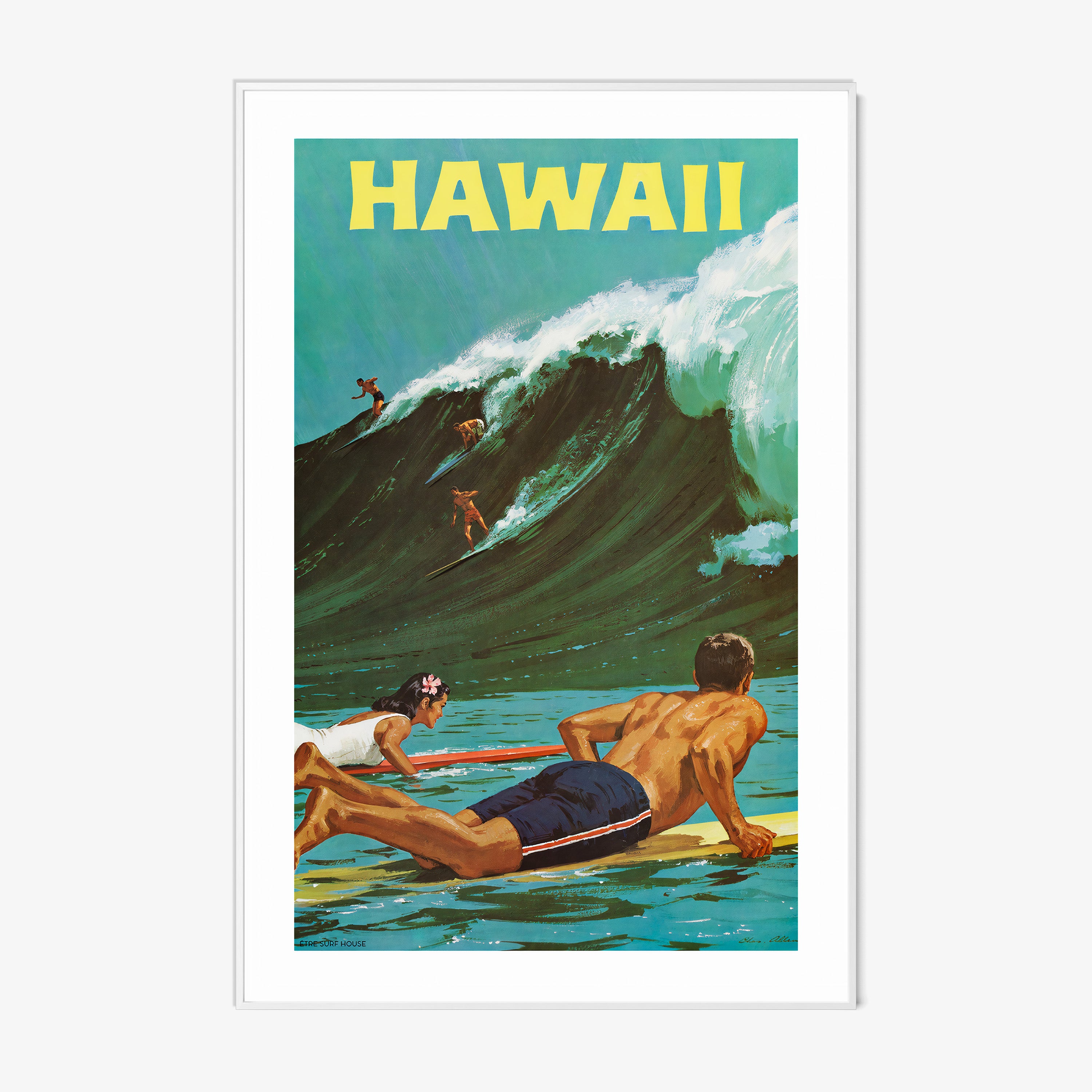 Framed "Hawaii" poster featuring surfers on a big wave hanging on a light background