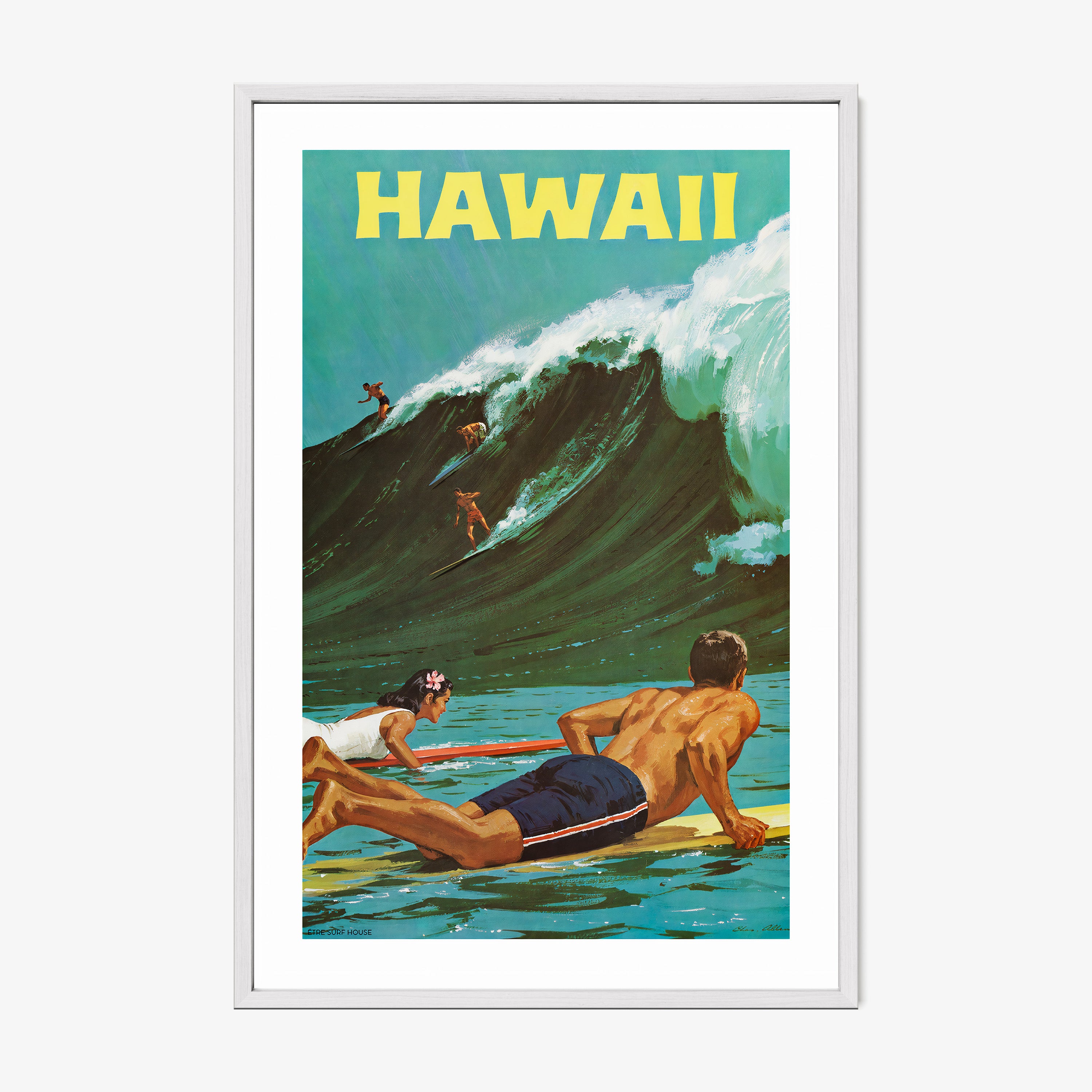 Framed "Hawaii" poster featuring surfers on a big wave hanging on a light background