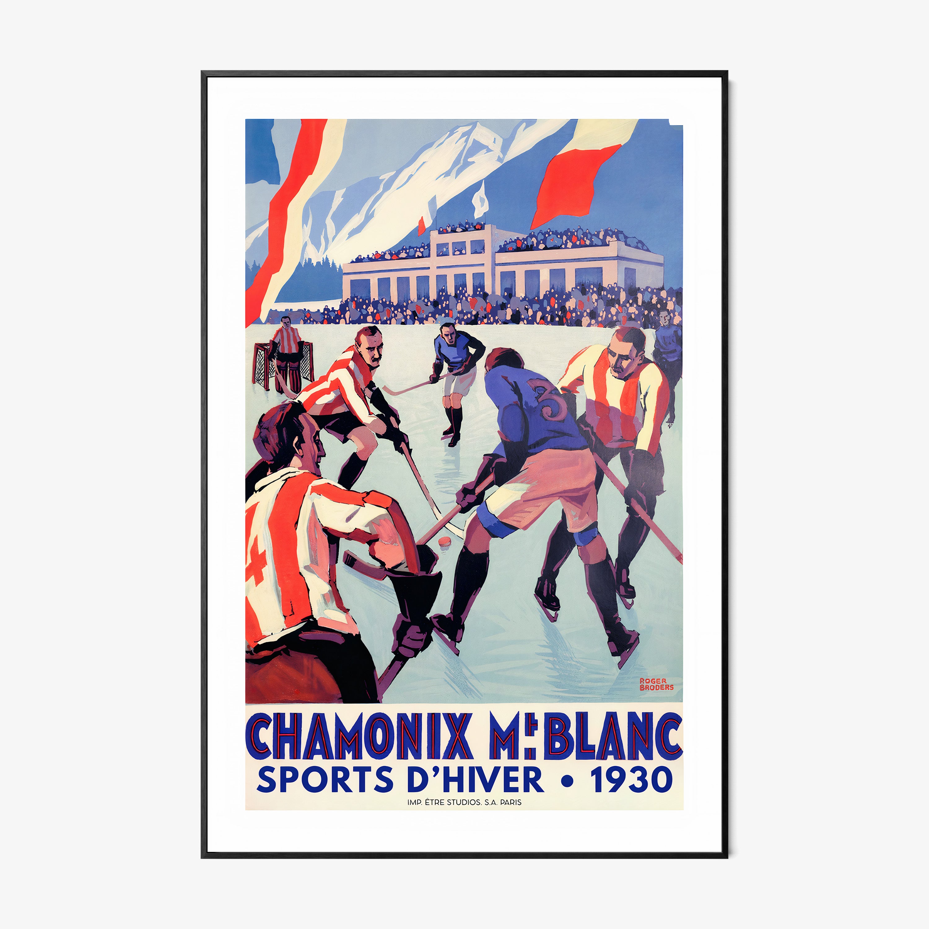 Framed poster of people playing hockey with a scenic mountain background and text that reads "Chamonix Mt Blanc" hanging on a light background