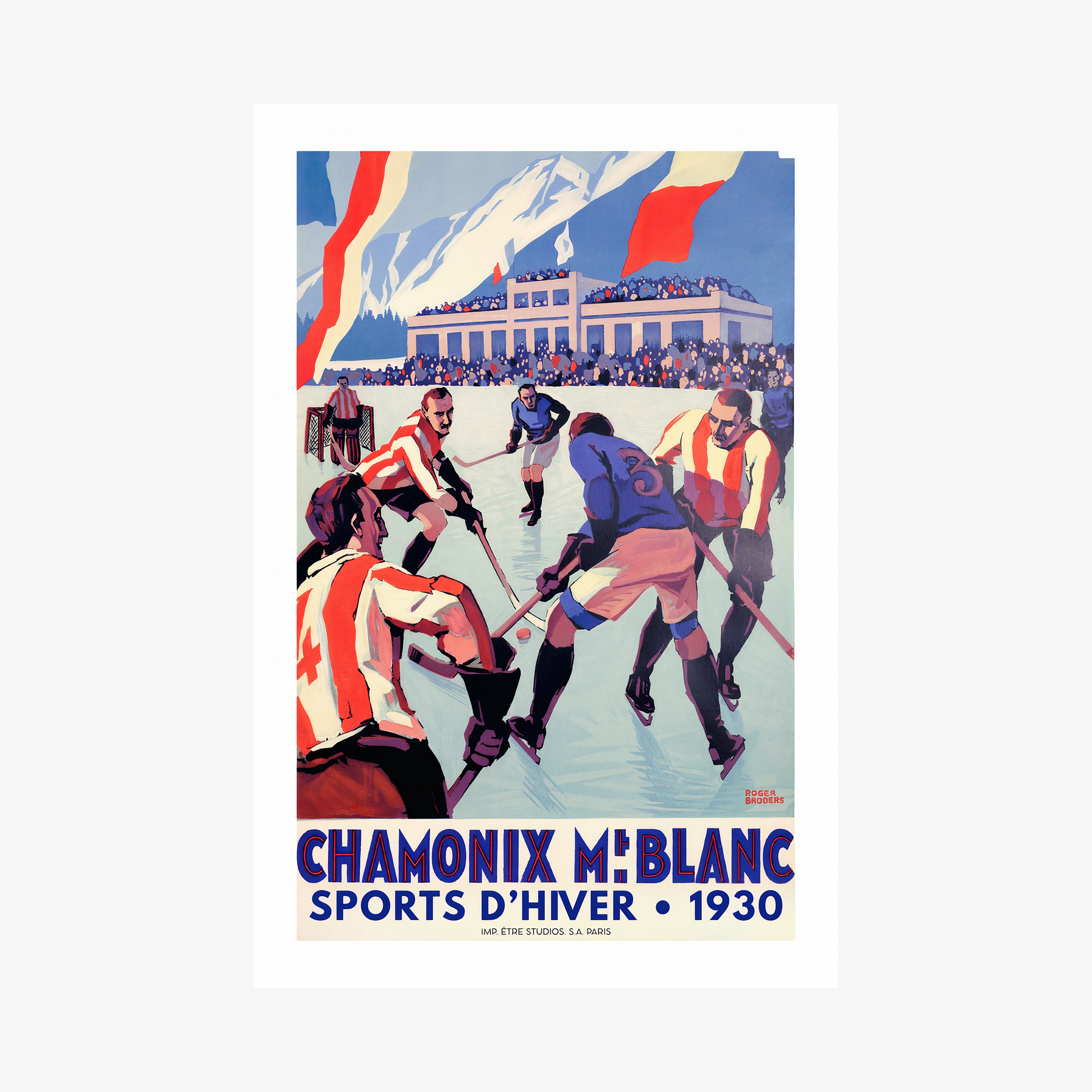 Poster of people playing hockey with a scenic mountain background and text that reads "Chamonix Mt Blanc" hanging on a light background