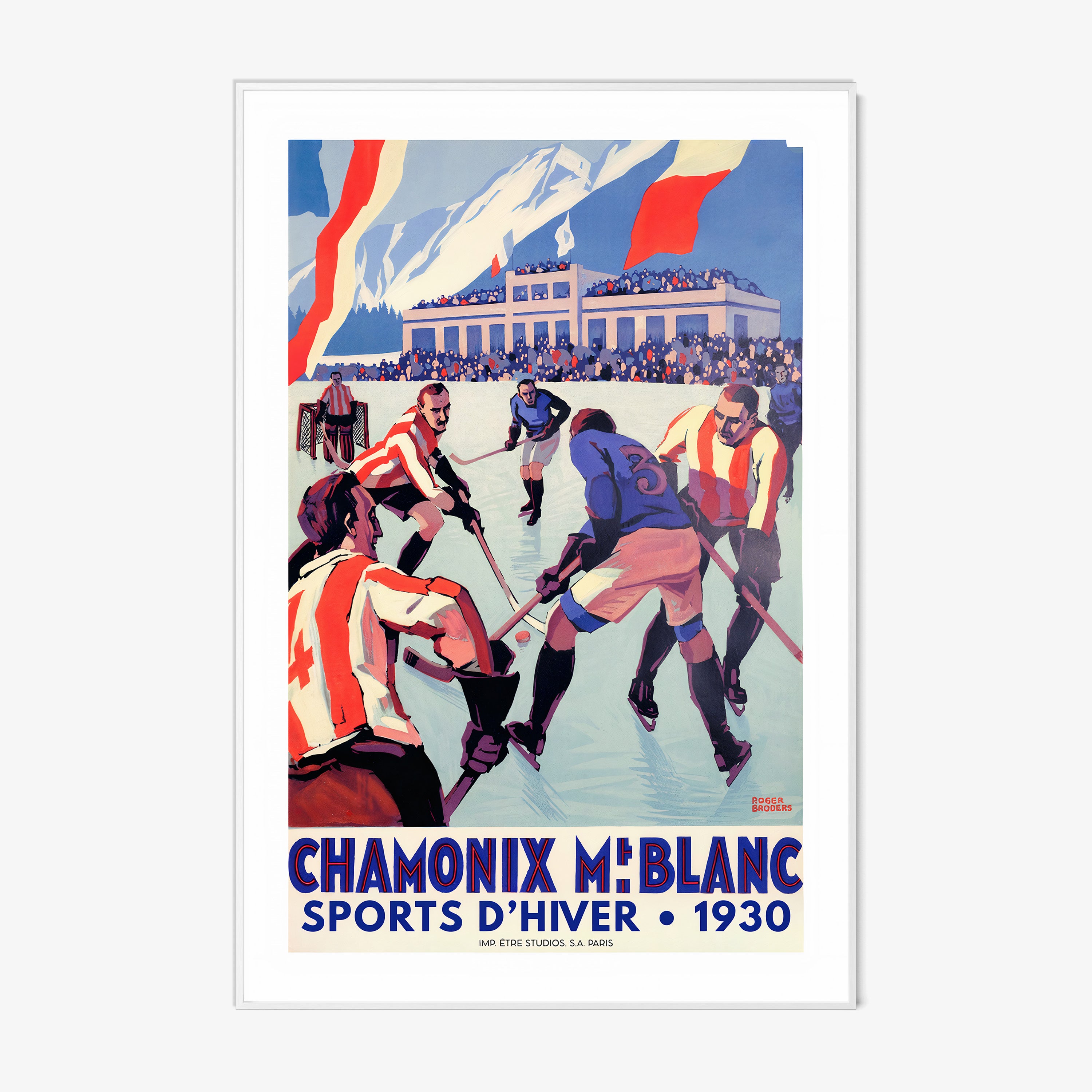 Framed poster of people playing hockey with a scenic mountain background and text that reads "Chamonix Mt Blanc" hanging on a light background
