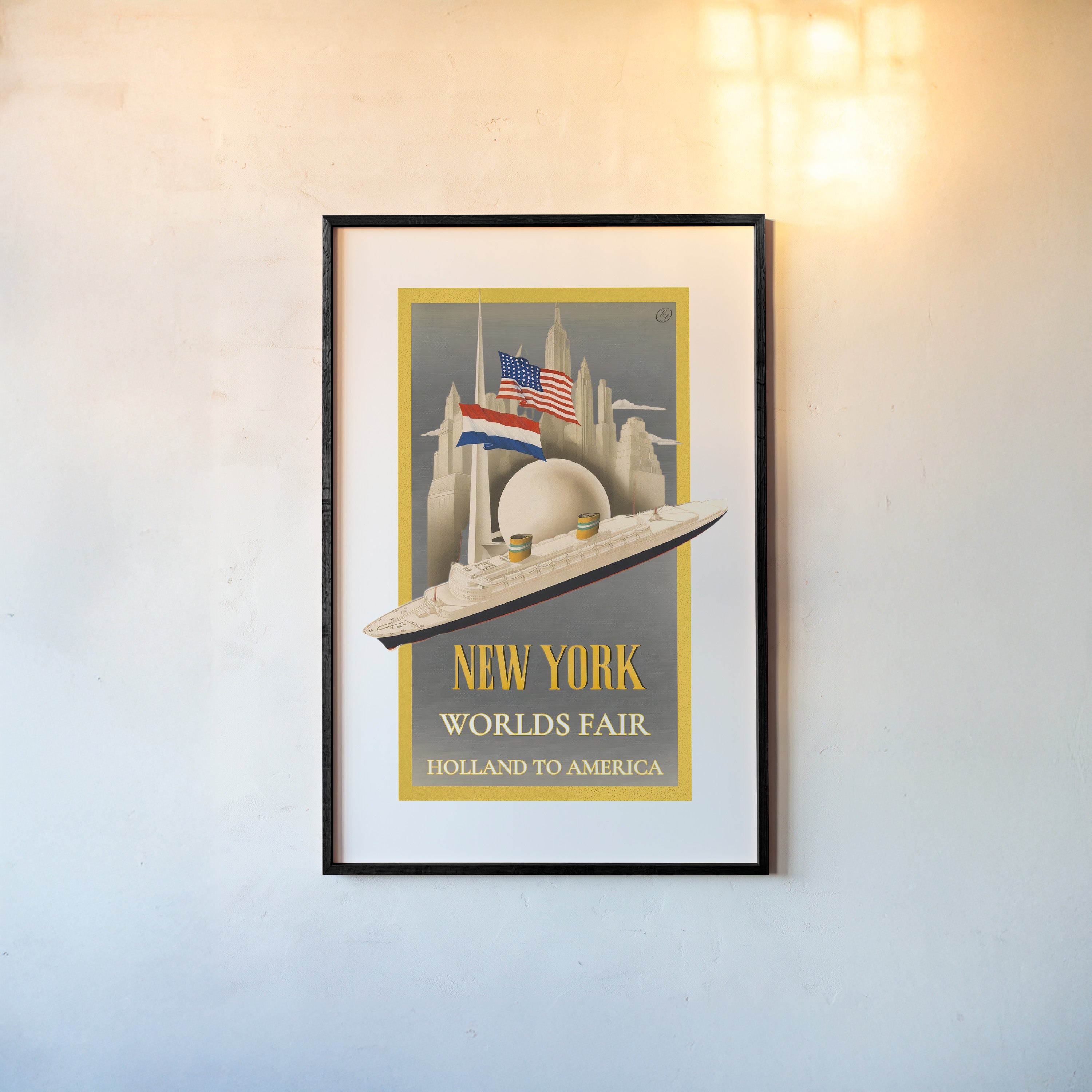 A framed poster features a Holland to America worlds fair poster