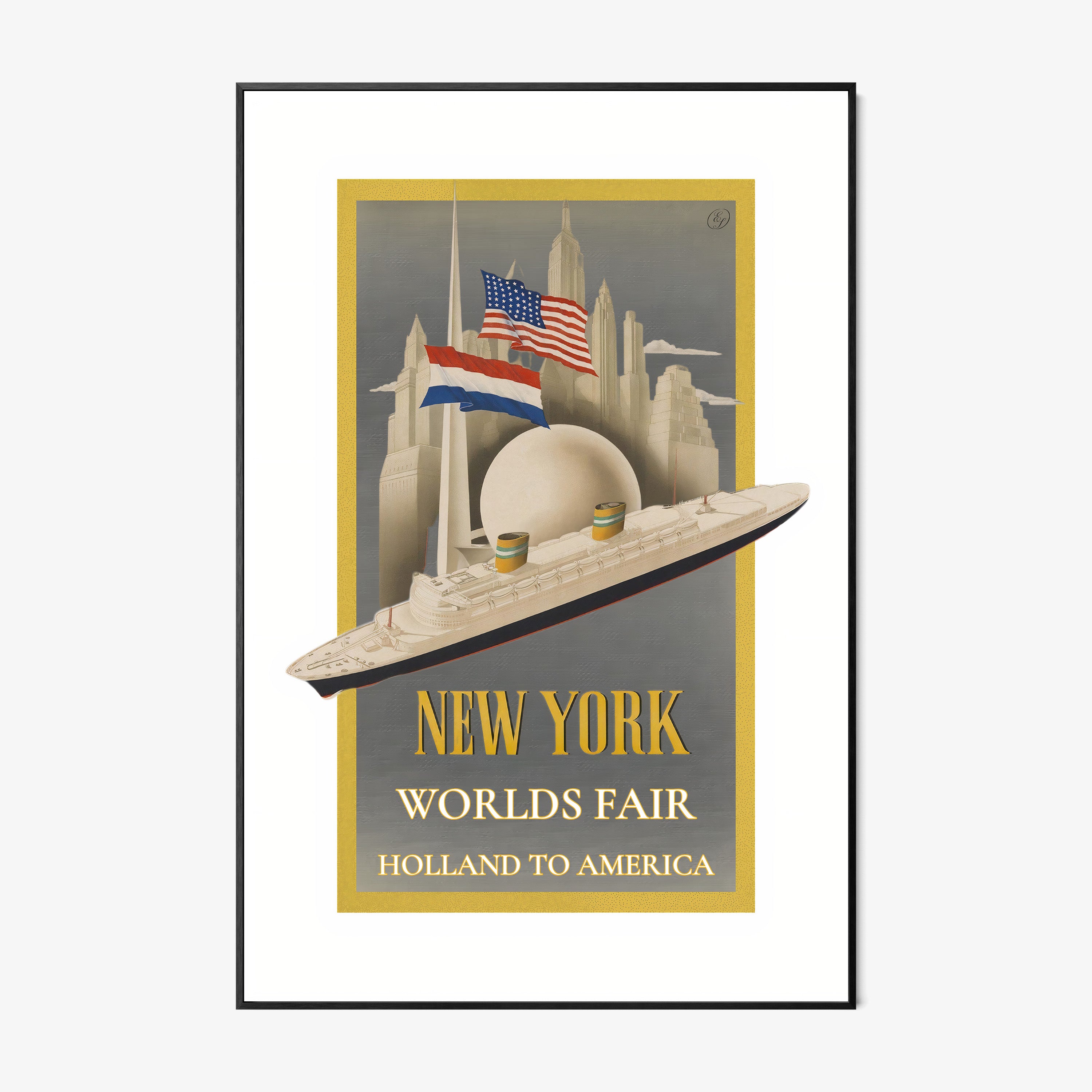 A framed poster features a Holland to America worlds fair poster