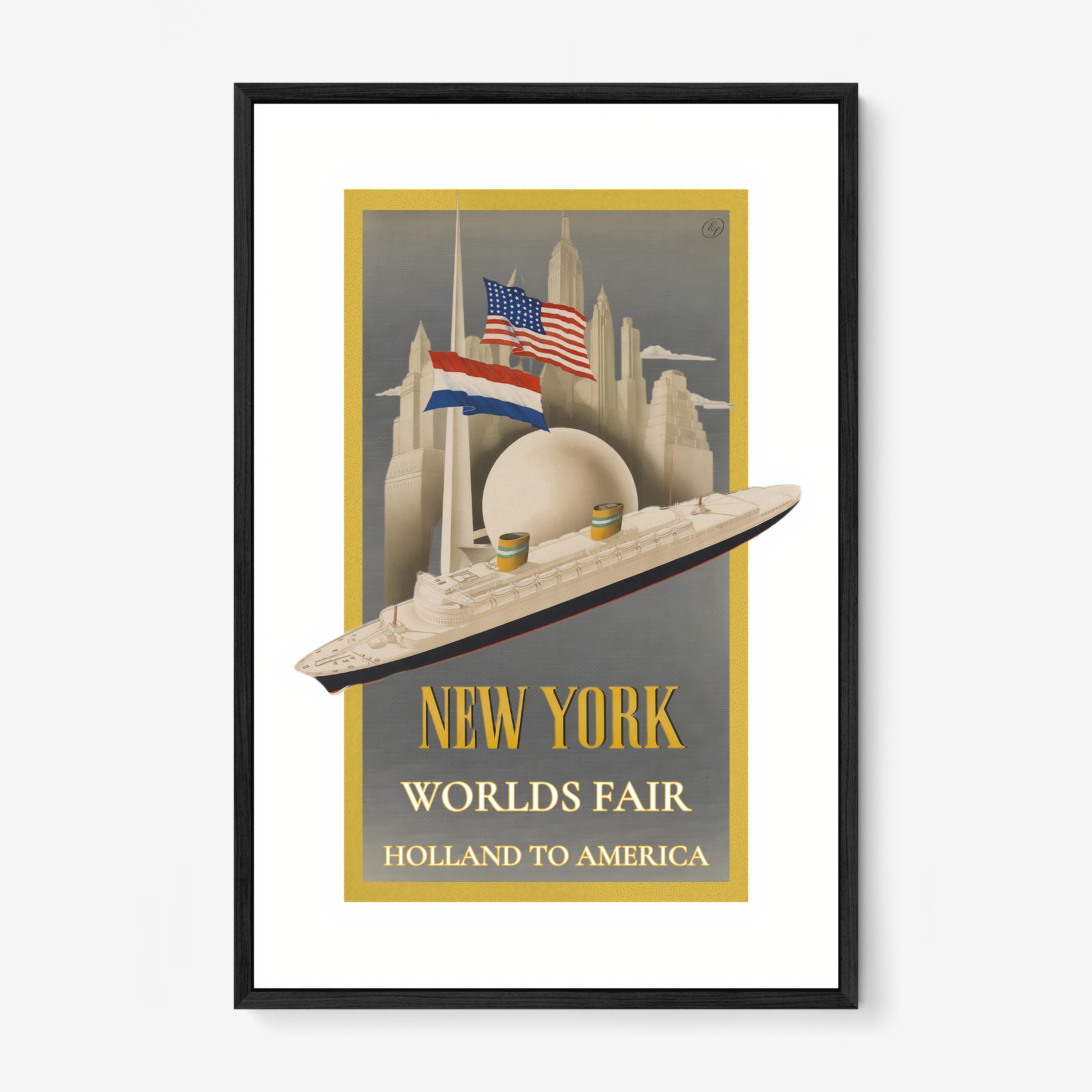 A framed poster features a Holland to America worlds fair poster