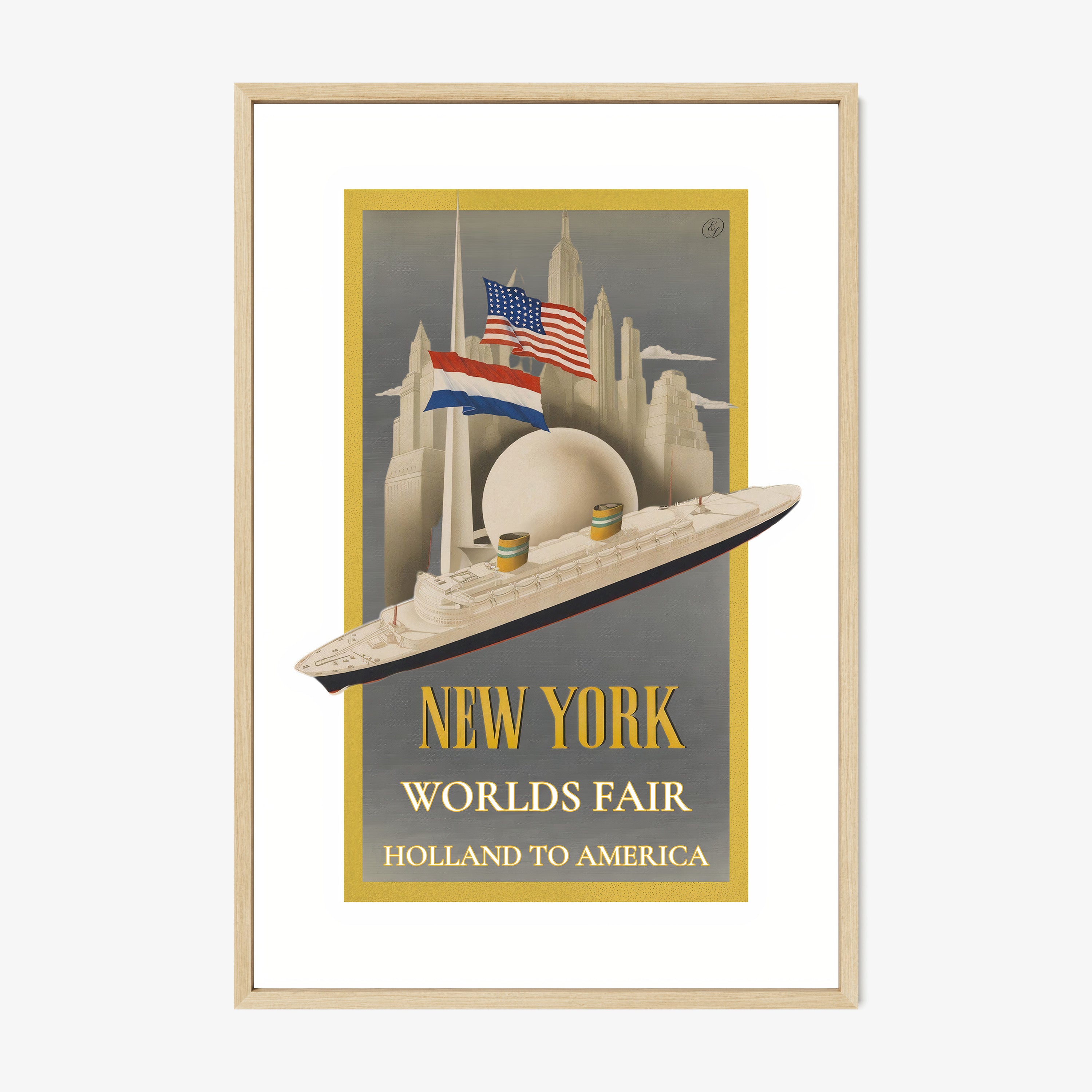 A framed poster features a Holland to America worlds fair poster