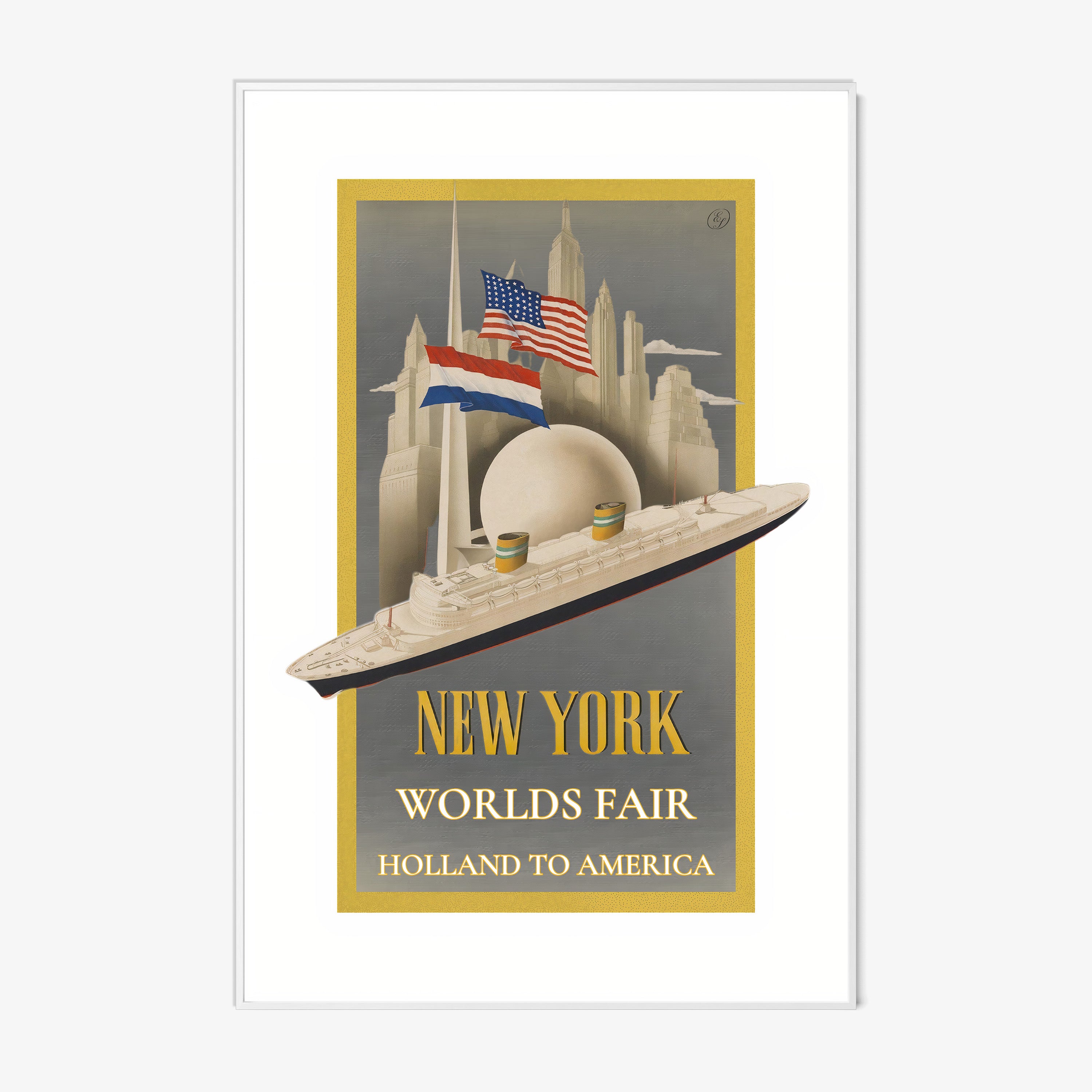 A framed poster features a Holland to America worlds fair poster