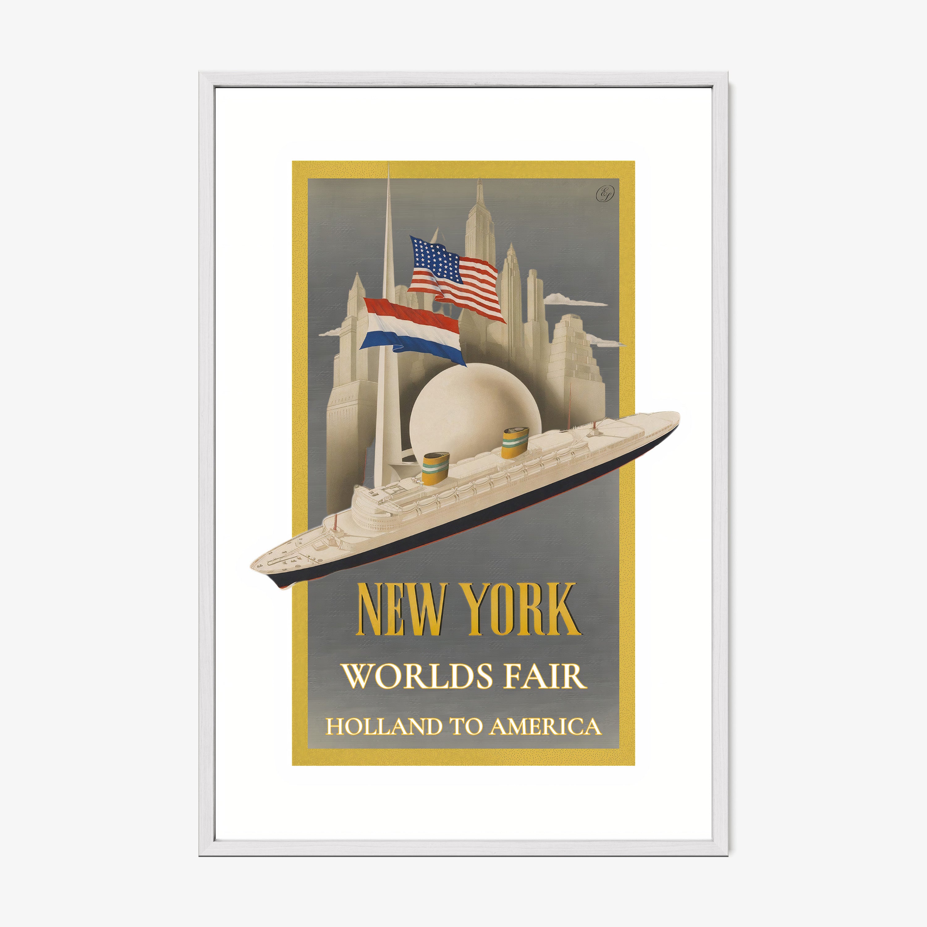 A framed poster features a Holland to America worlds fair poster