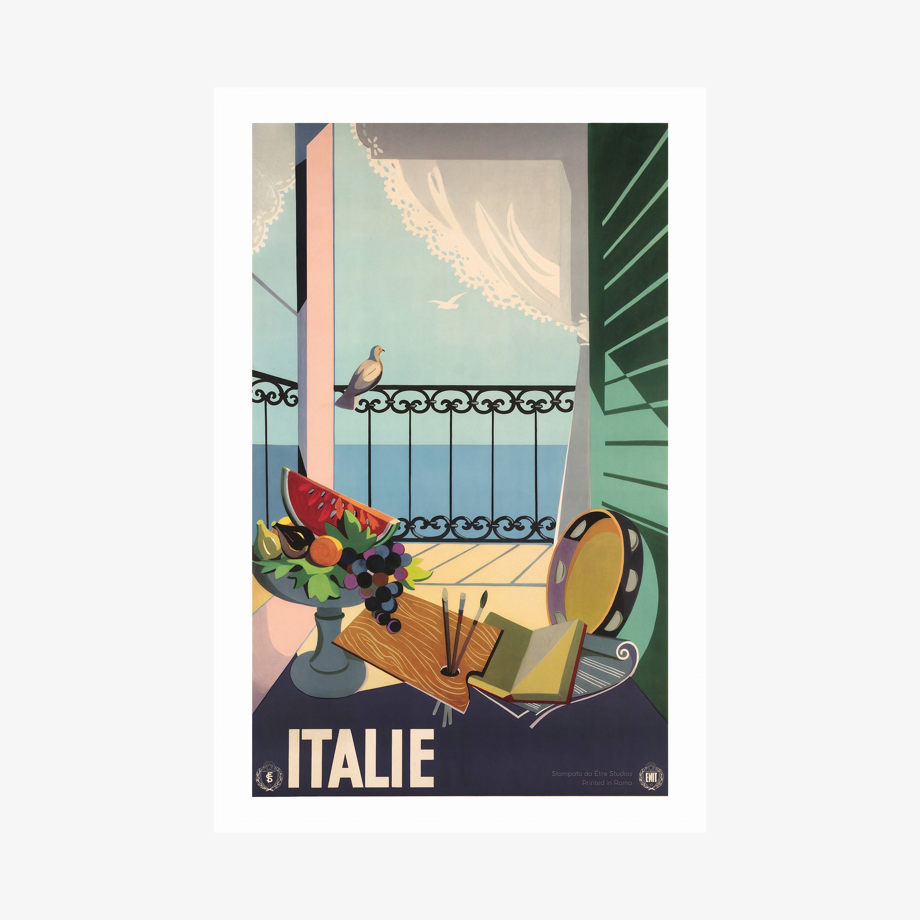 Poster of porch scene surrounded by artistic materials with the text "Italie" at the bottom hanging on a light background