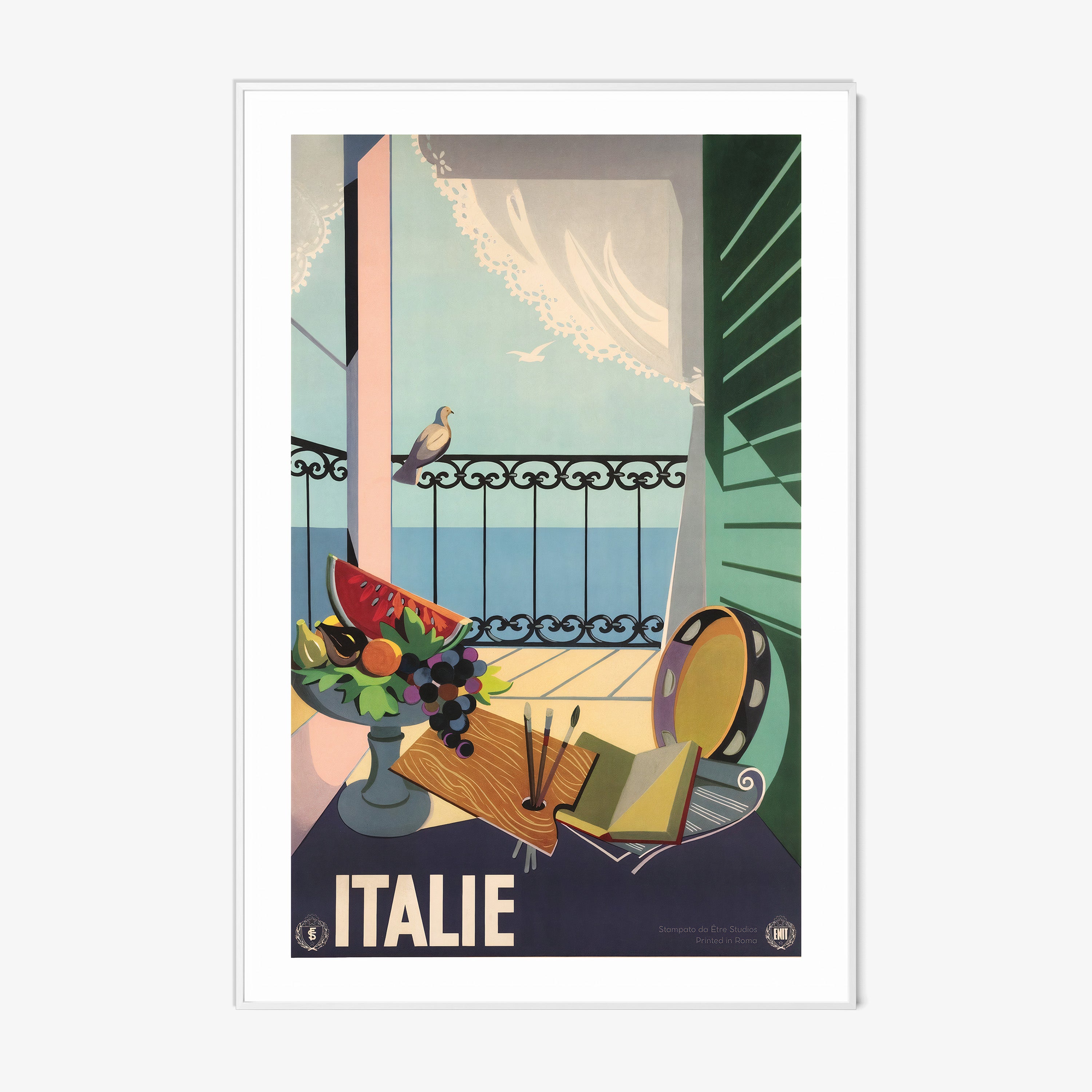 Framed poster of porch scene surrounded by artistic materials with the text "Italie" at the bottom hanging on a light background