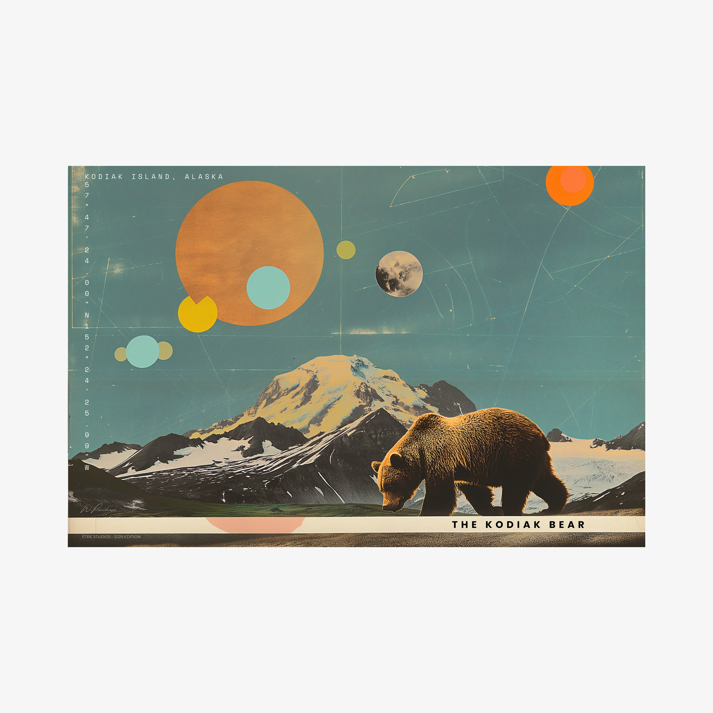 Poster of Kodiak Island in Alaska featuring a bear and mountain scene hanging on a light background