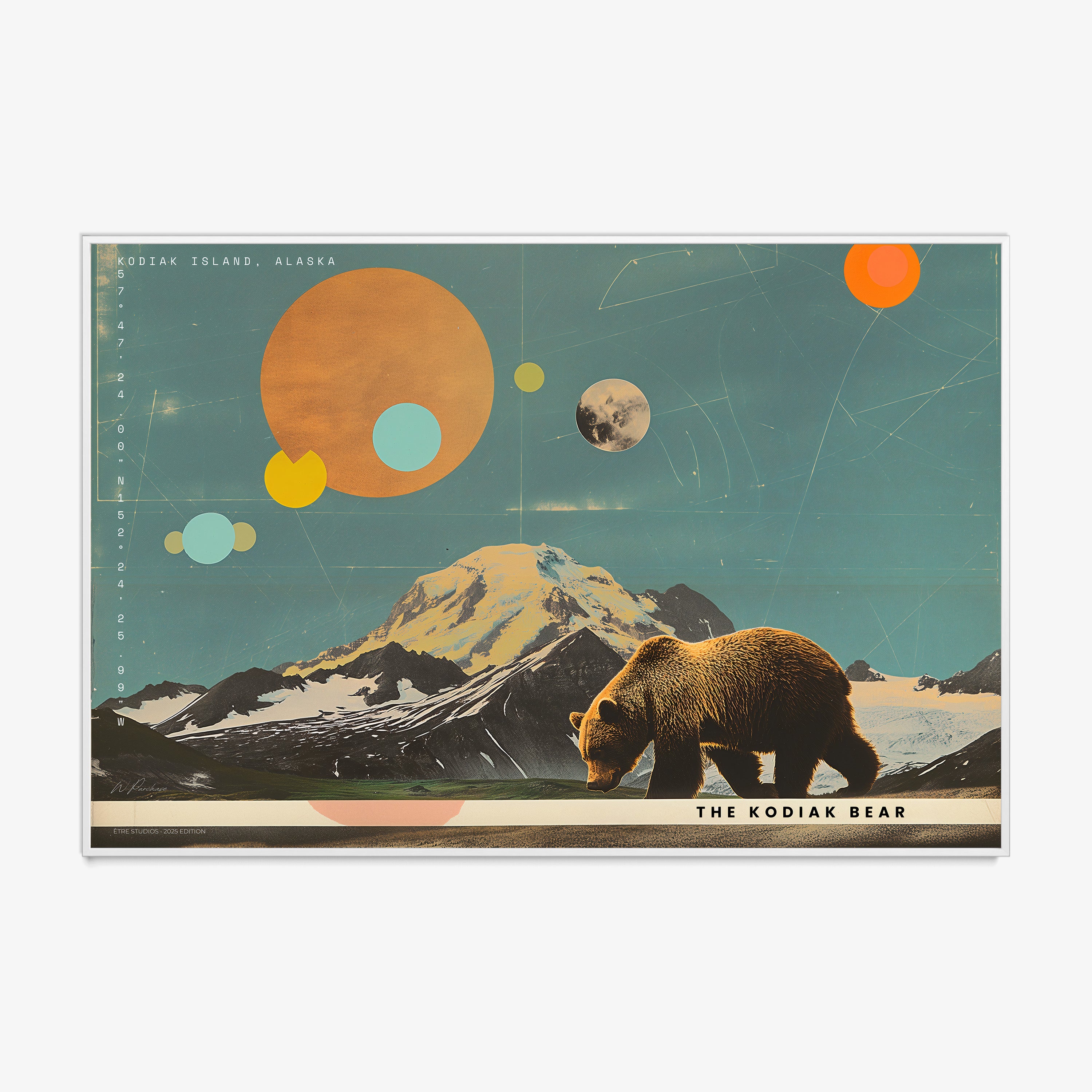 Framed Poster of Kodiak Island in Alaska featuring a bear and mountain scene hanging on a light background