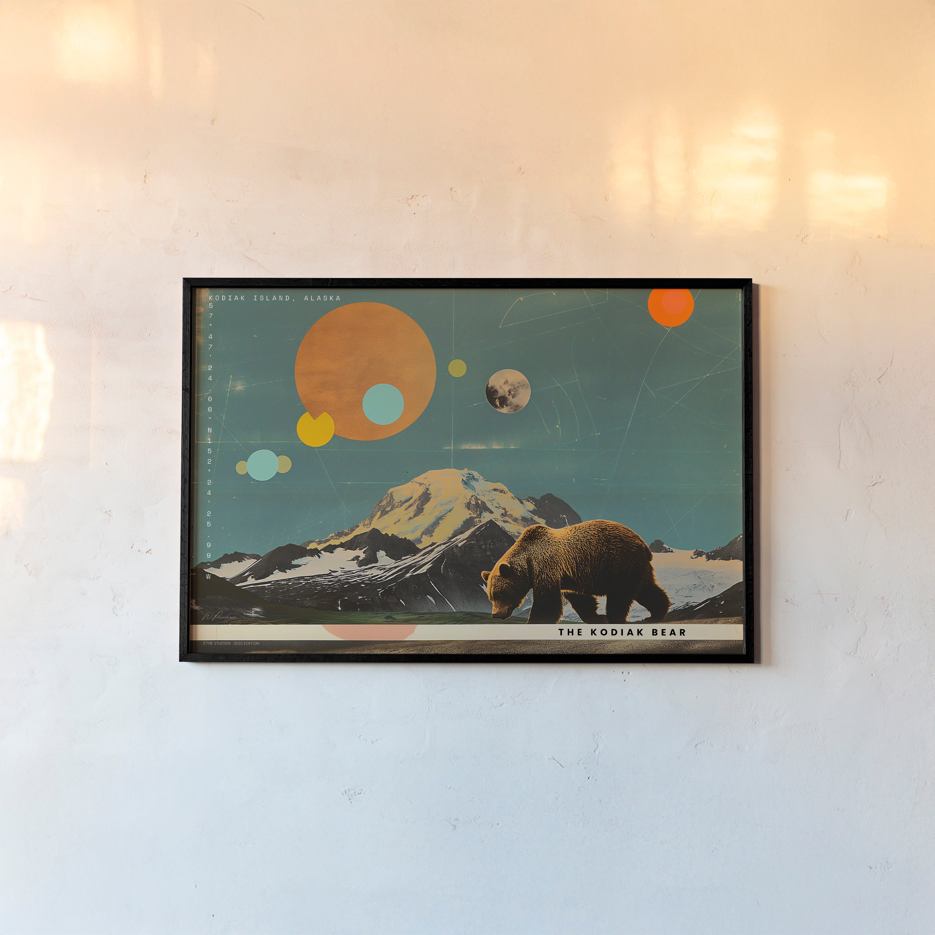 Framed Poster of Kodiak Island in Alaska featuring a bear and mountain scene hanging on a light background