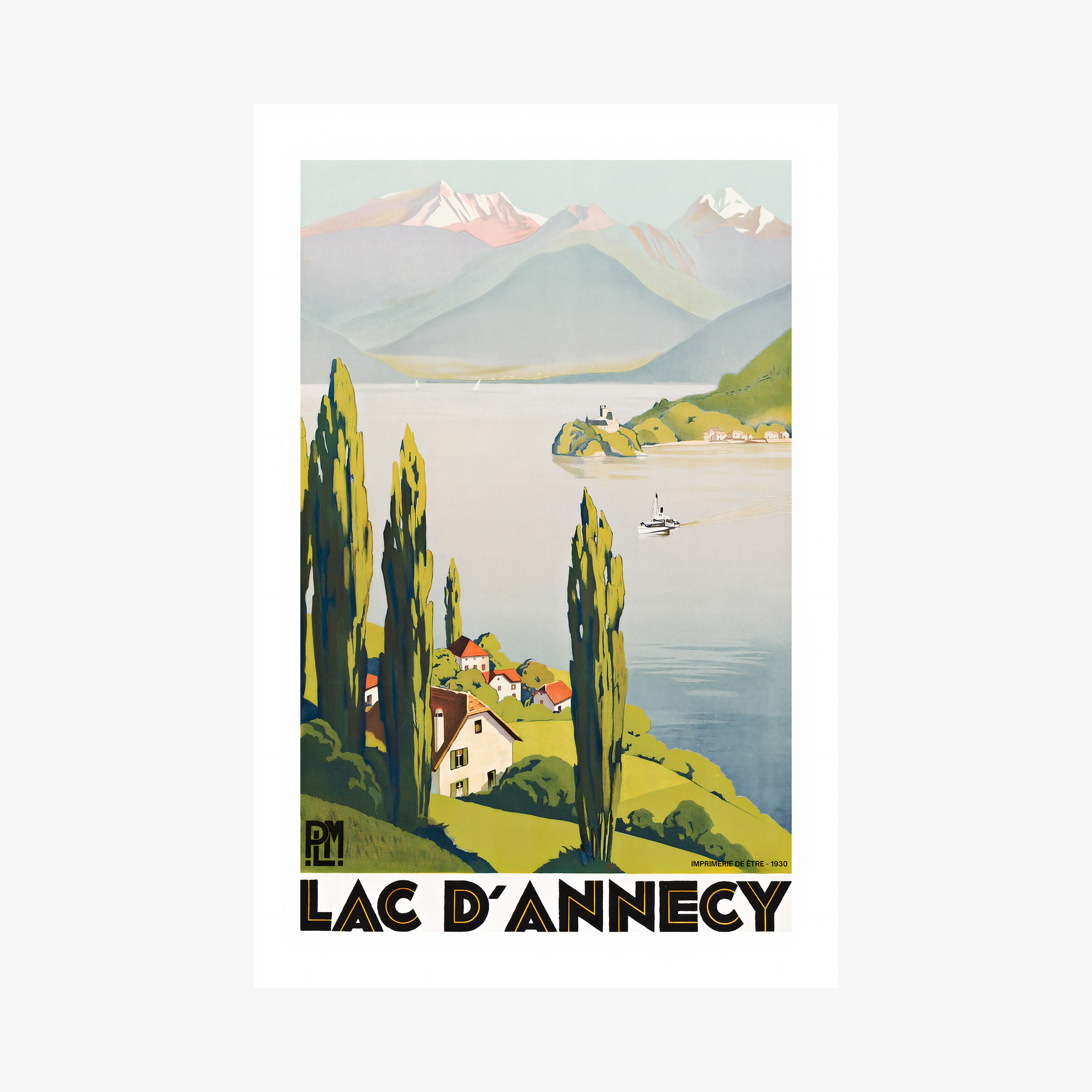 "Lac D'Annecy" poster featuring a lake with a scenic mountain background hanging on a light background