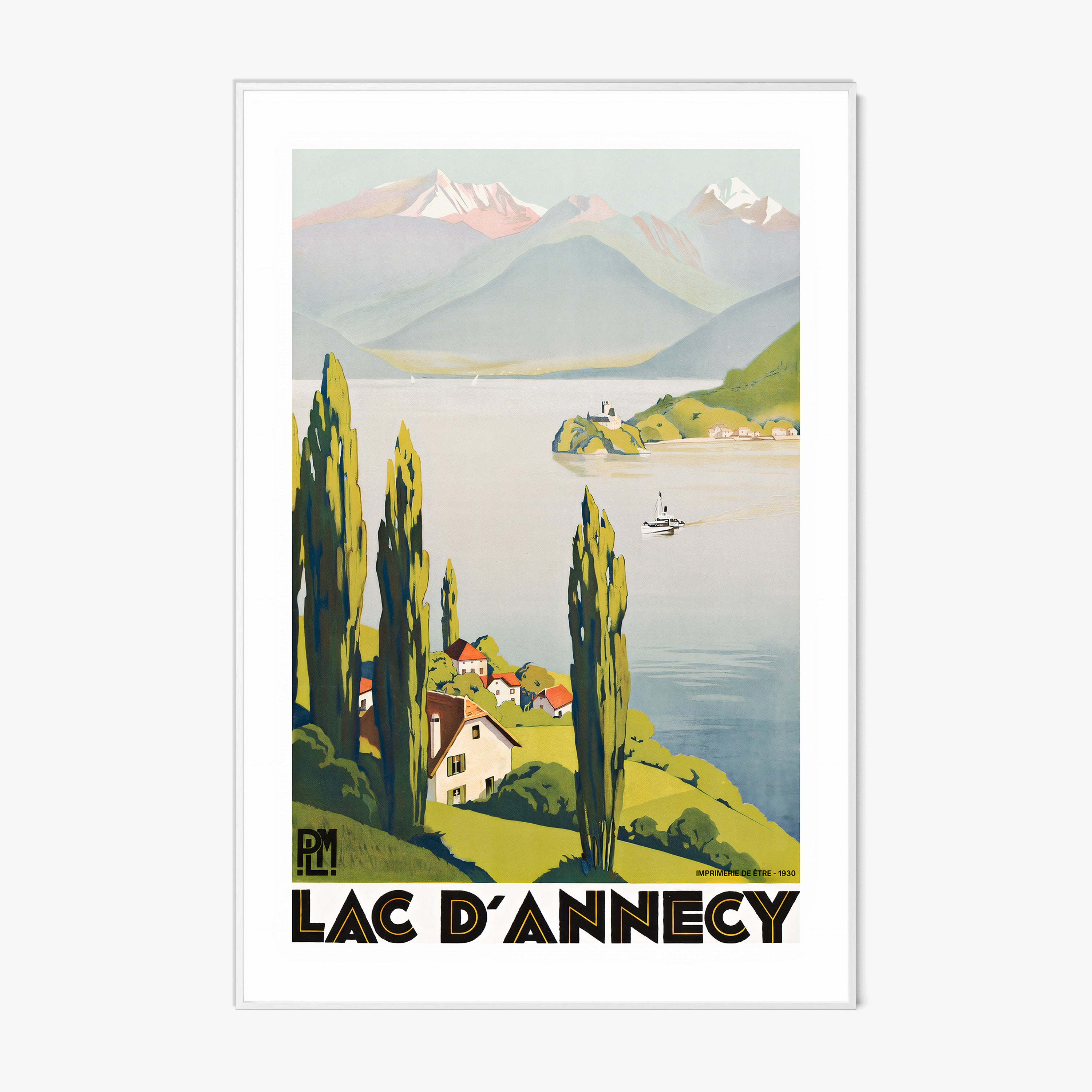 Framed "Lac D'Annecy" poster featuring a lake with a scenic mountain background hanging on a light background