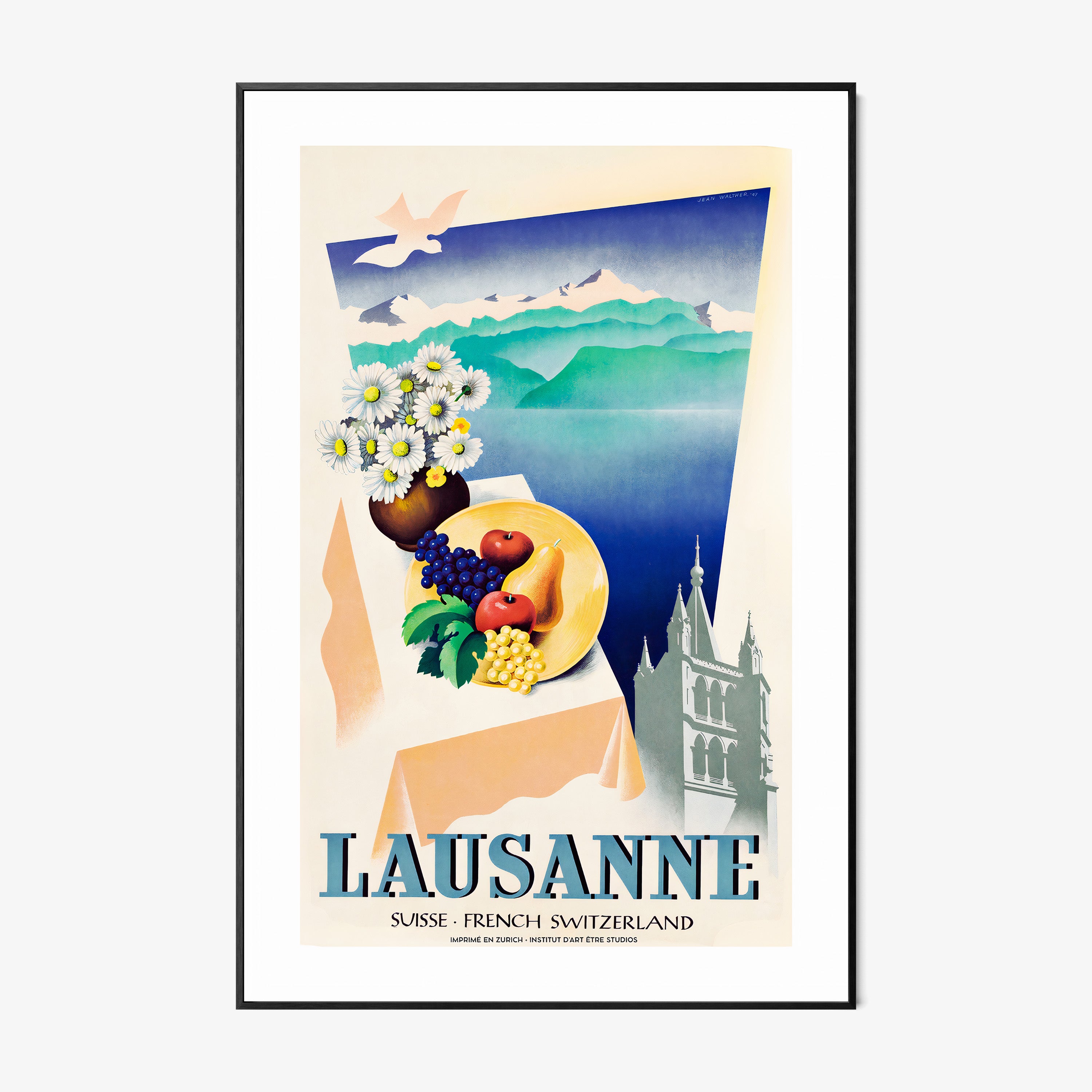 Framed poster of different elements with a mountain lake background and the text "Lausanne" at the bottom hanging on a light background