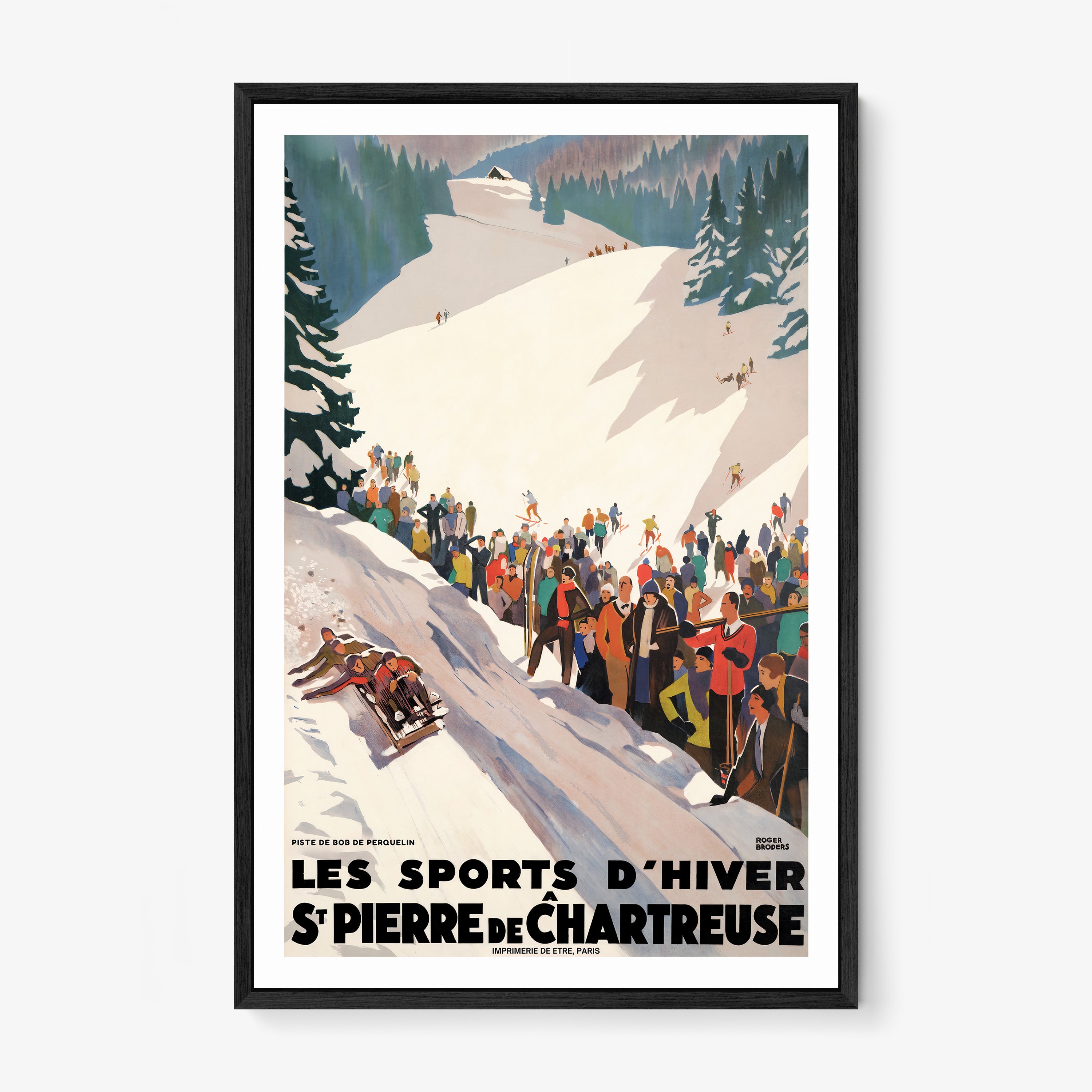 Framed poster of "Les Sports D'Hiver" featuring people on a snowy mountain landscape