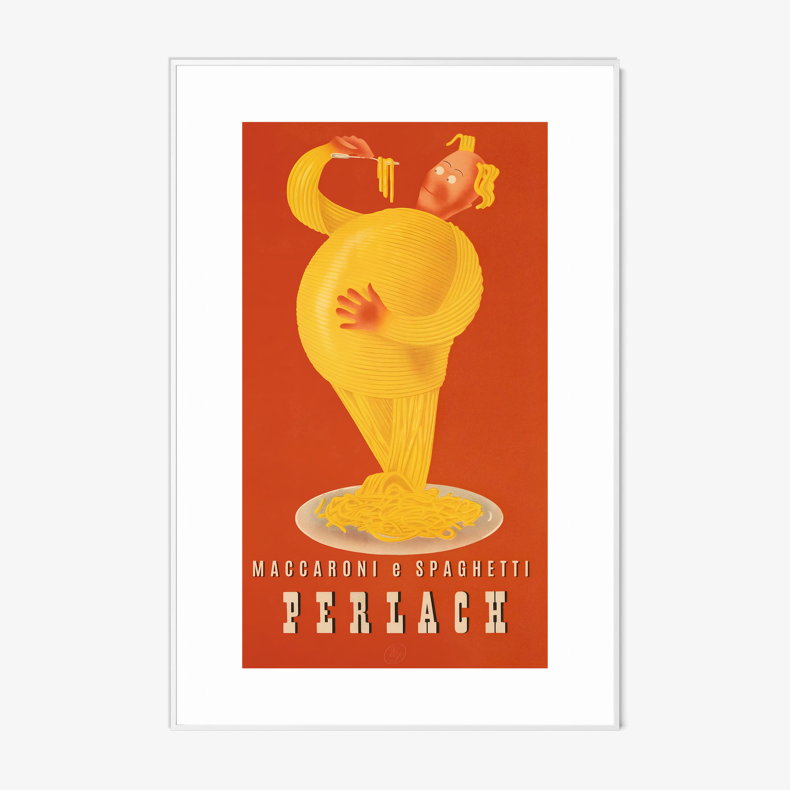 A framed poster features a maccaroni e spaghetti character