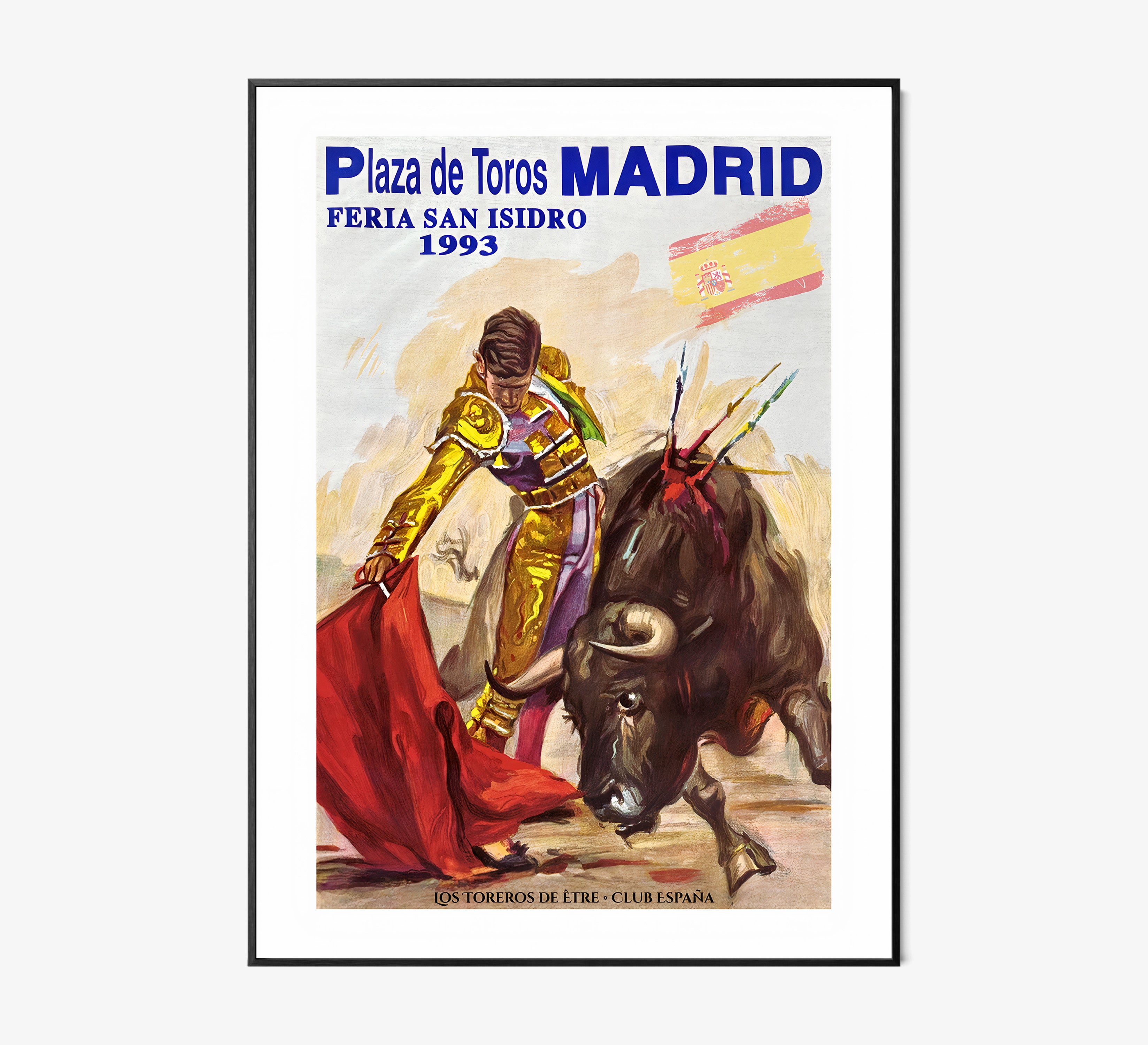 Framed poster of a bullfighter from Madrid hanging on a light background