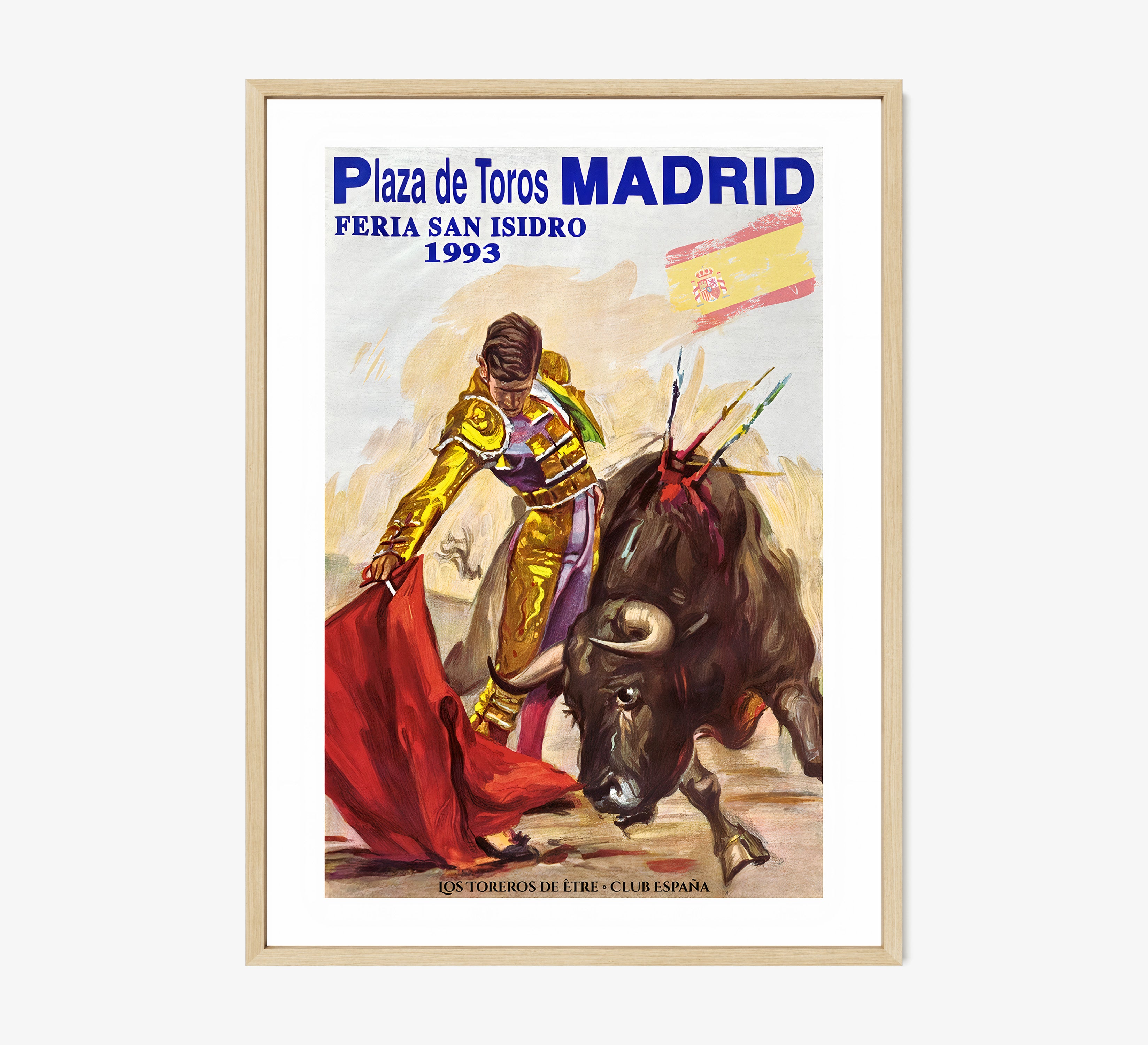 Framed poster of a bullfighter from Madrid hanging on a light background