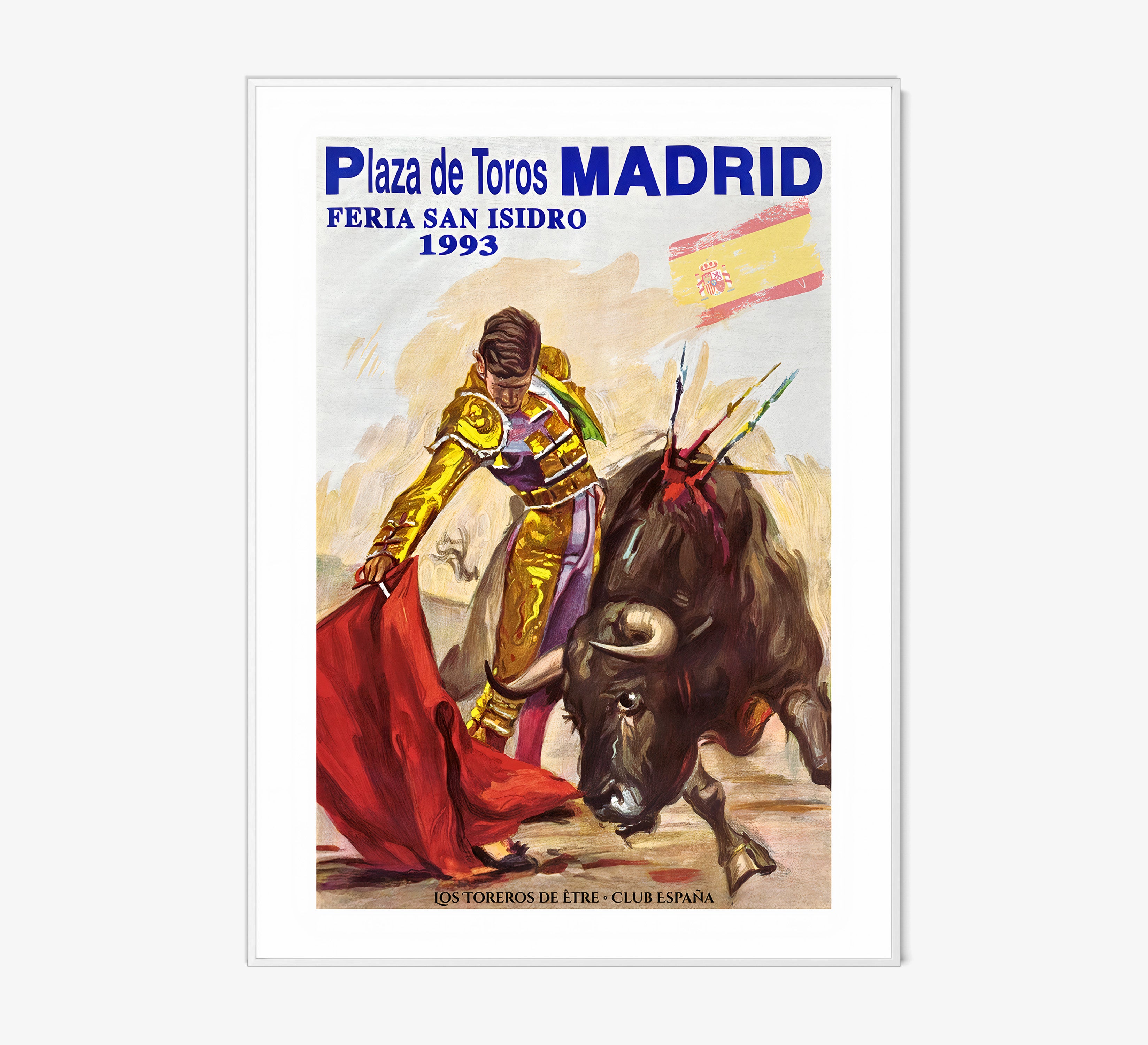 Framed poster of a bullfighter from Madrid hanging on a light background