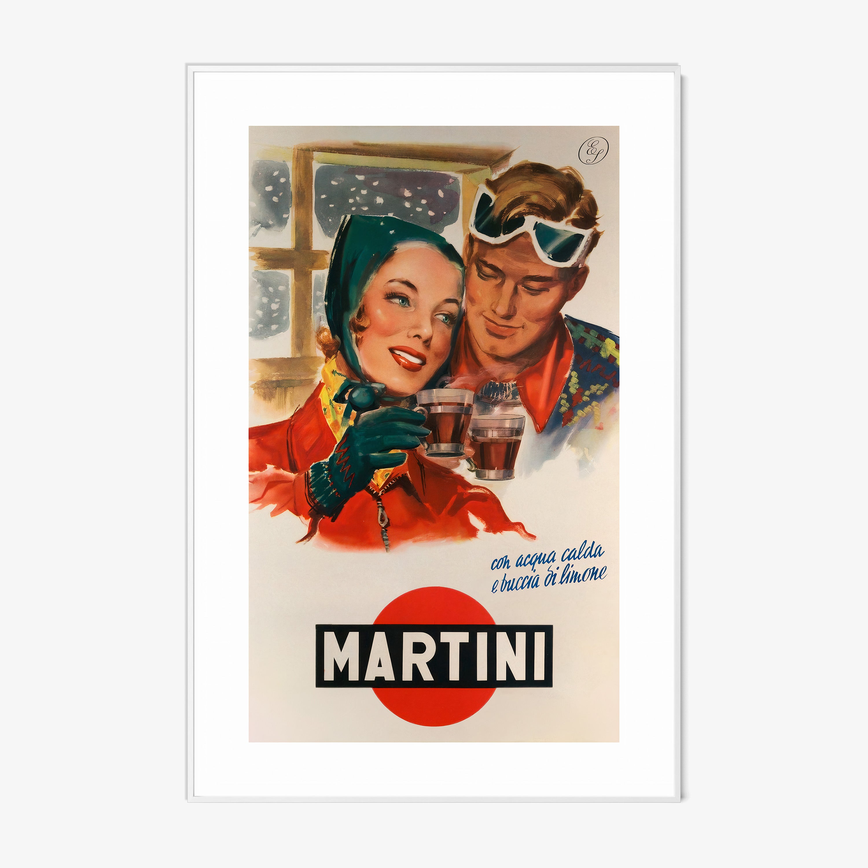 A framed poster features a couple drinking from small celebratory glasses with the text "Martini" at the bottom