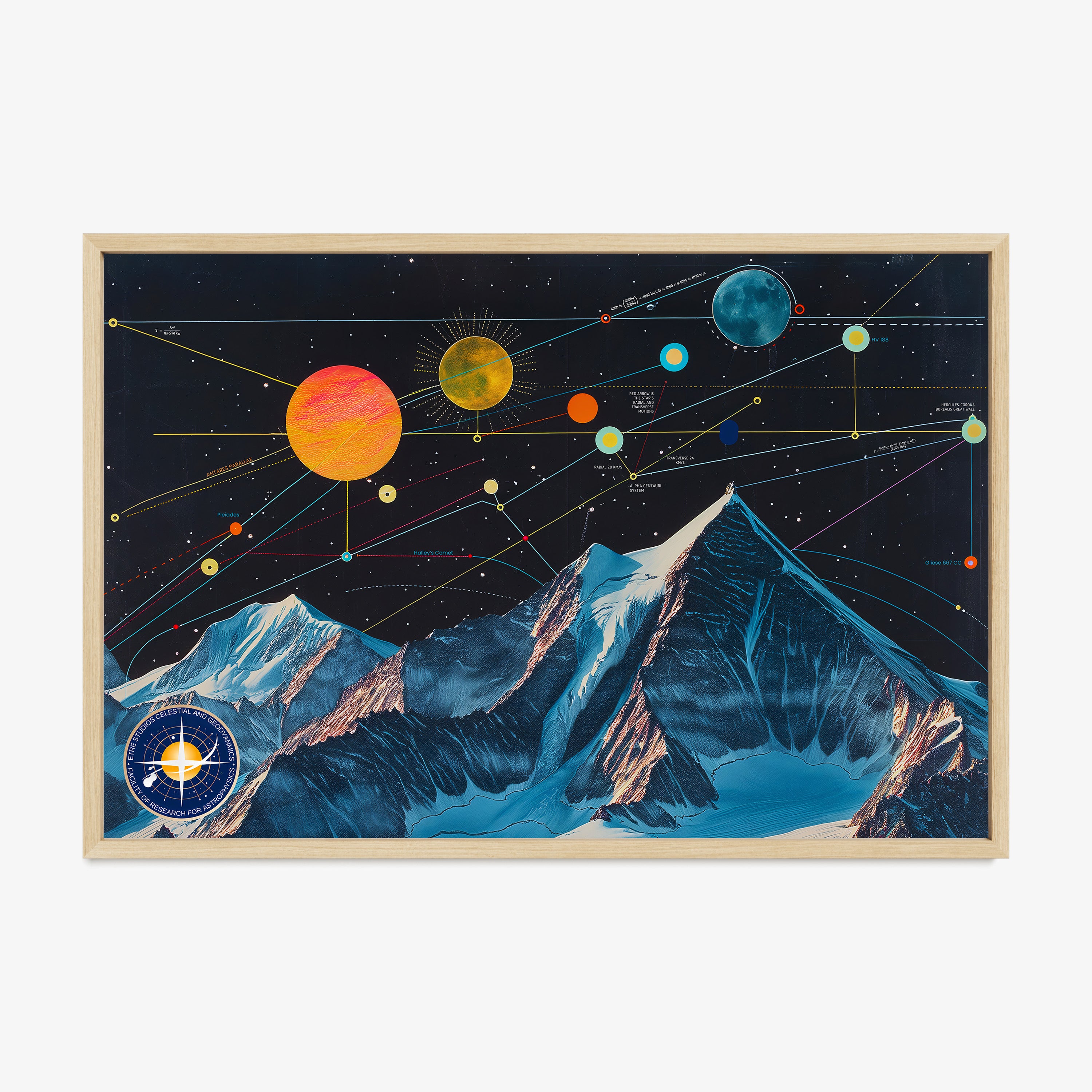 Framed poster of a celestial map in a dark sky over mountains hanging on a light background