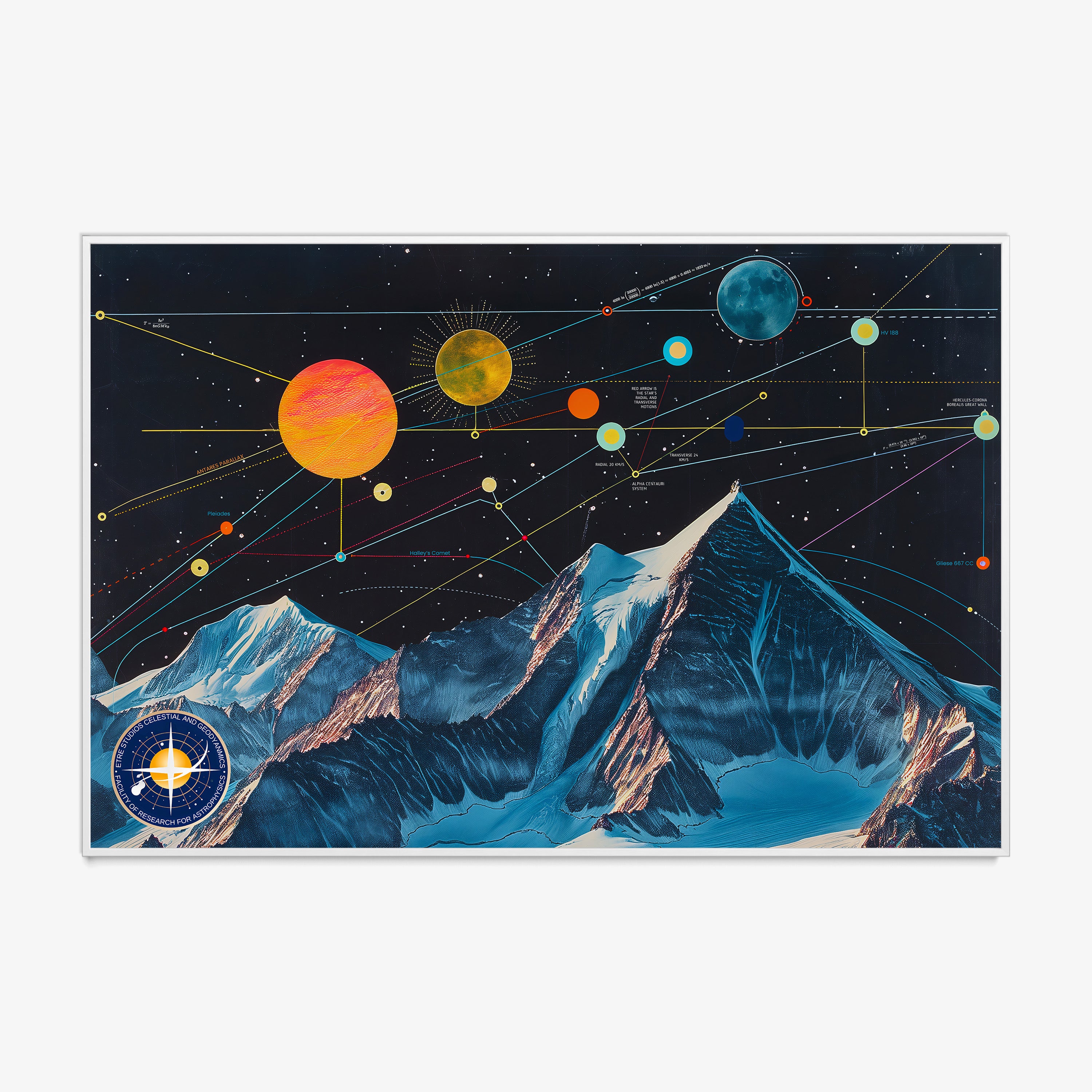 Framed poster of a celestial map in a dark sky over mountains hanging on a light background