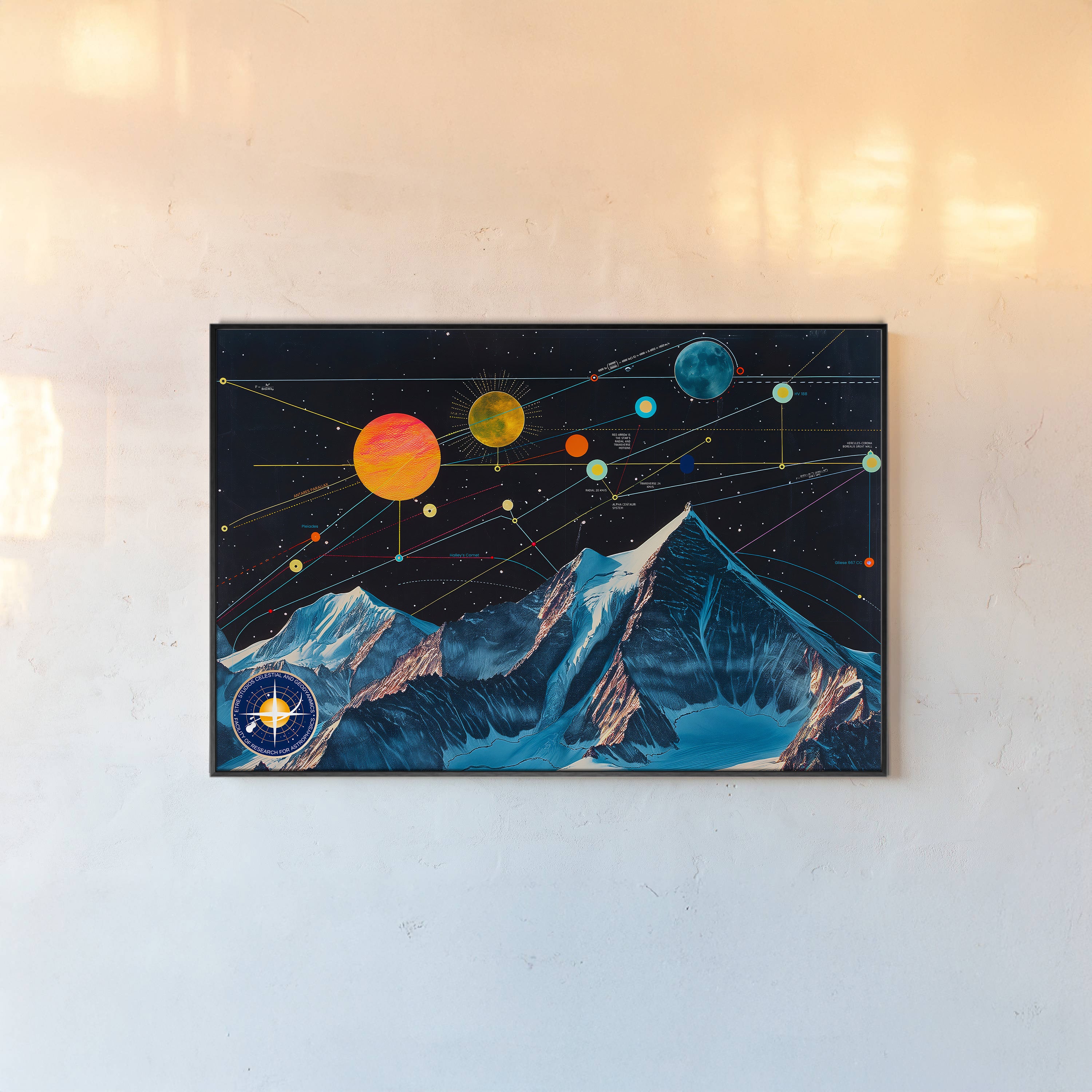 Framed poster of a celestial map in a dark sky over mountains hanging on a light background