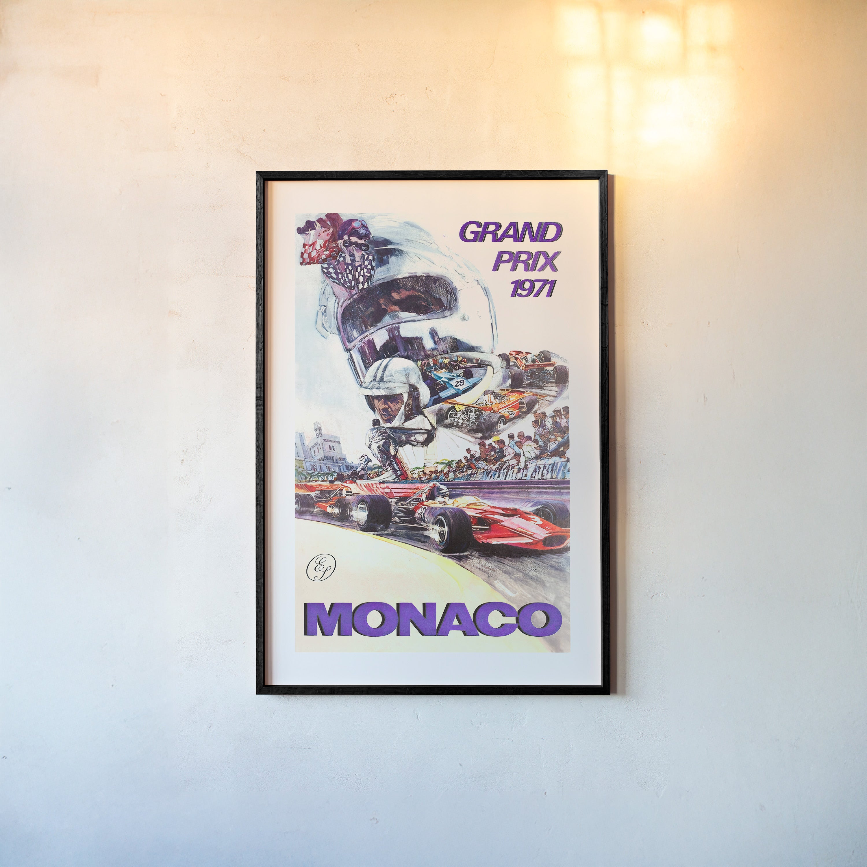 A framed poster features the Monaco Grand Prix from 1971