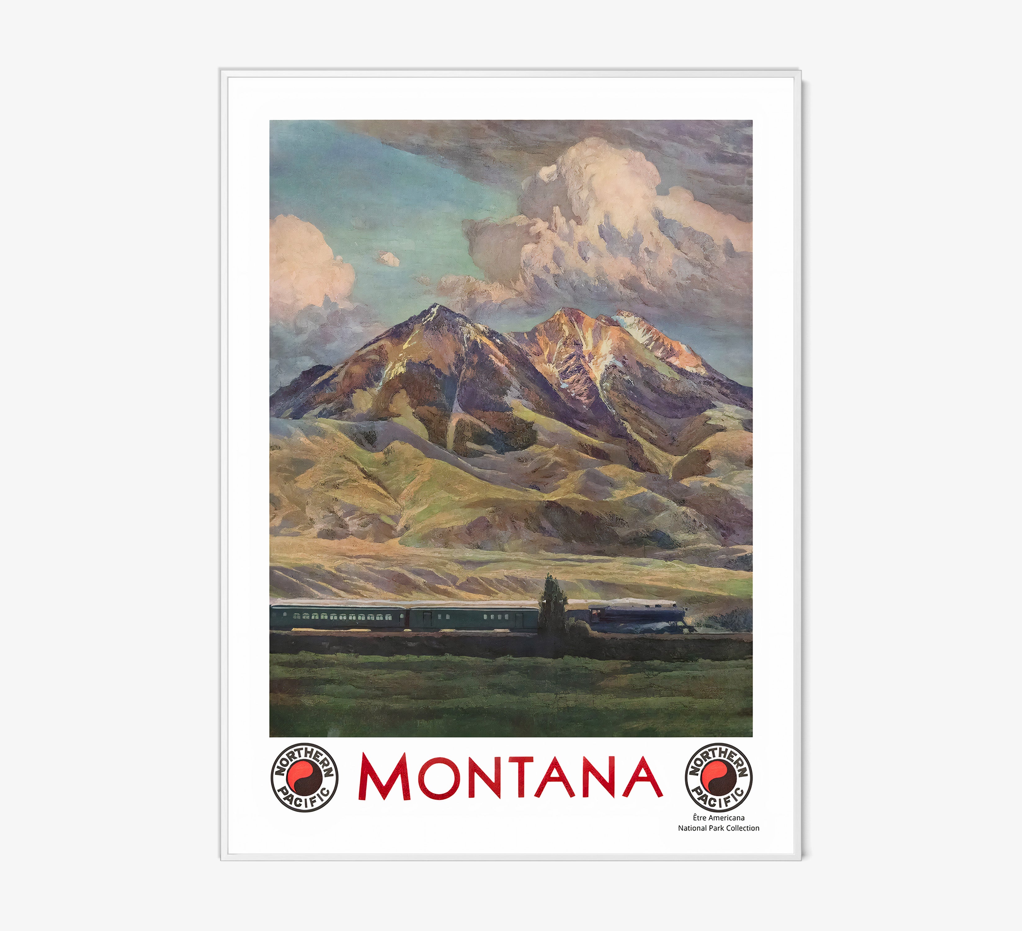 Framed poster of a mountain scene in Montana hanging on a light background
