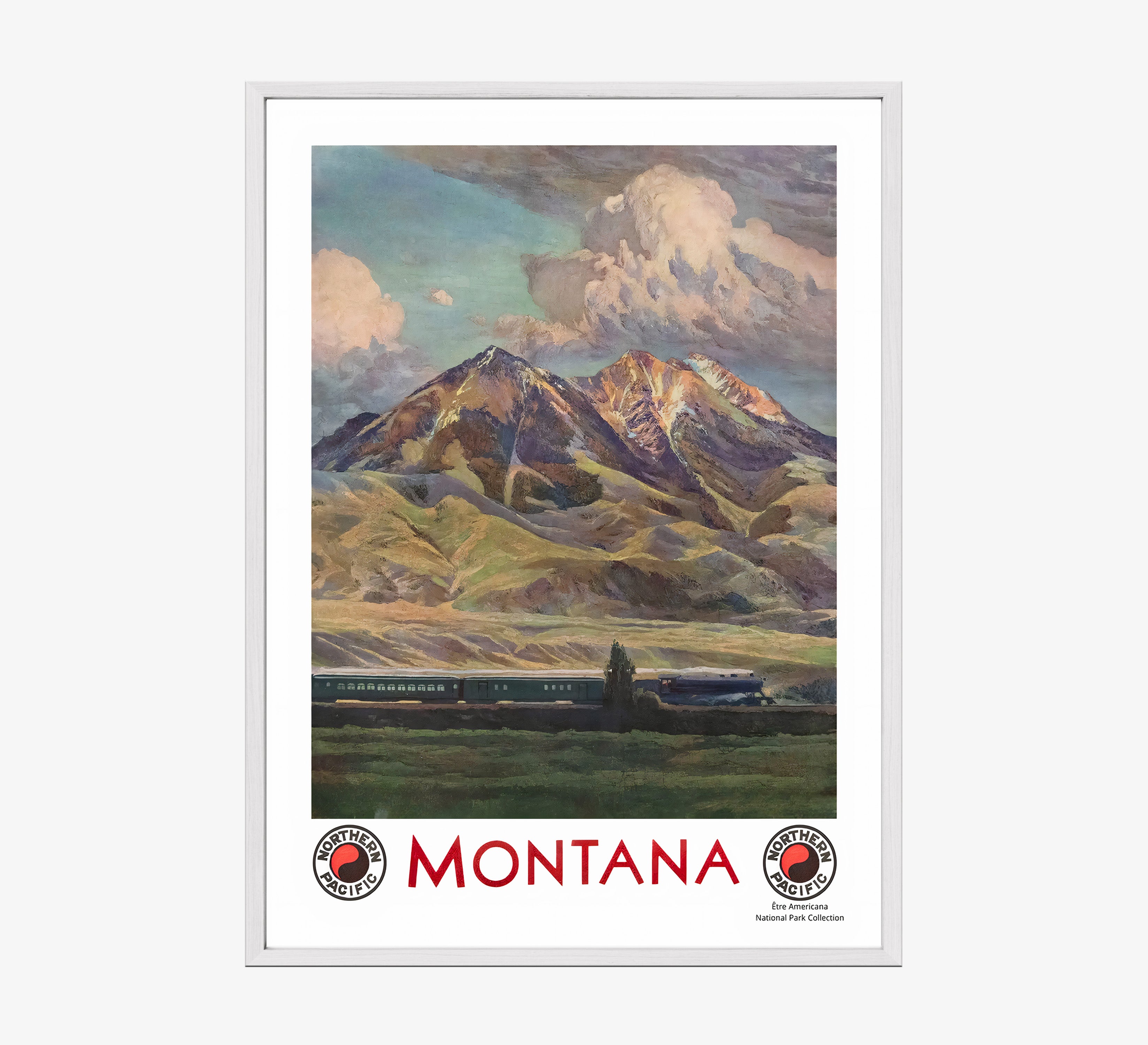 Framed poster of a mountain scene in Montana hanging on a light background