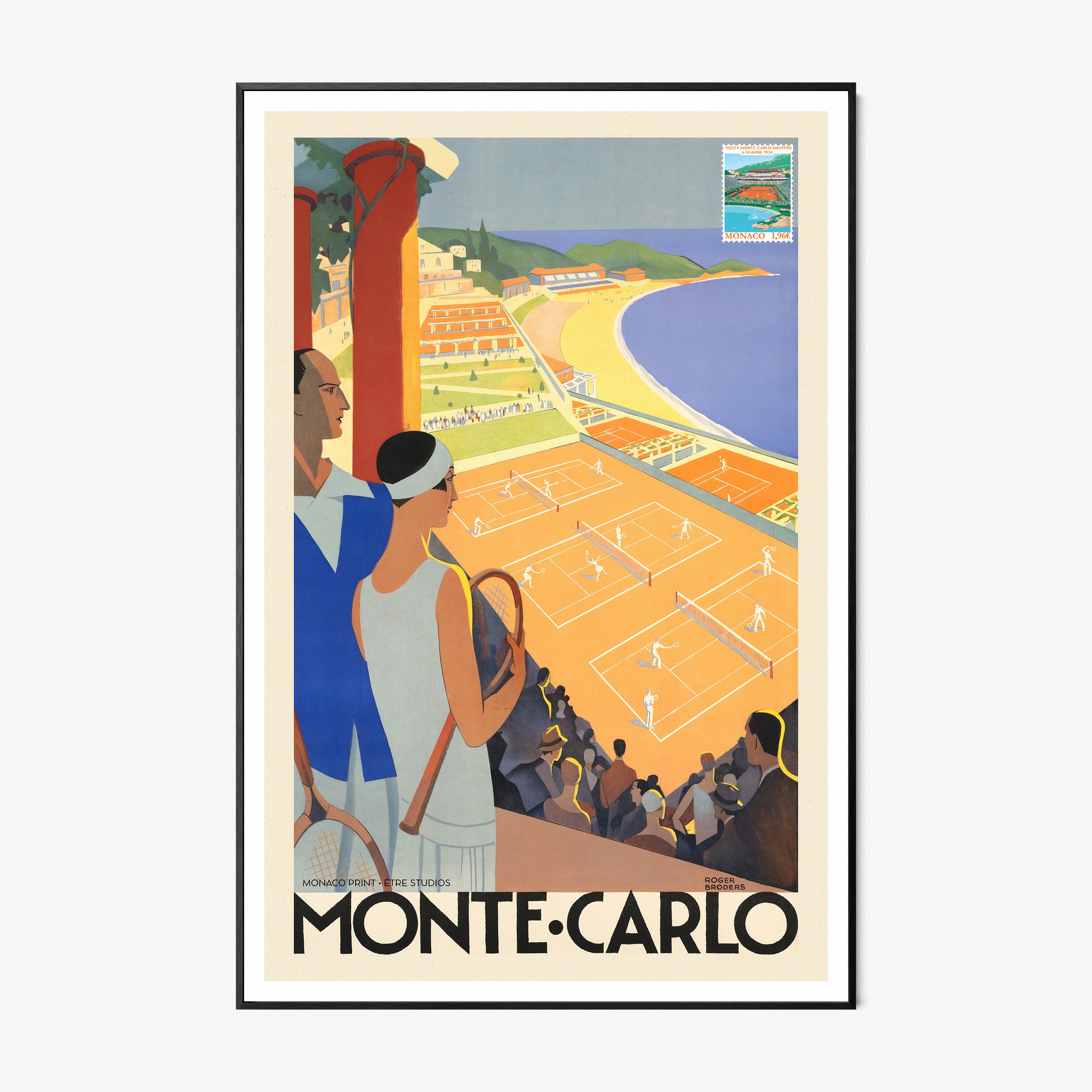 Framed poster of a tennis scene with the text "Monte Carlo" written at the bottom