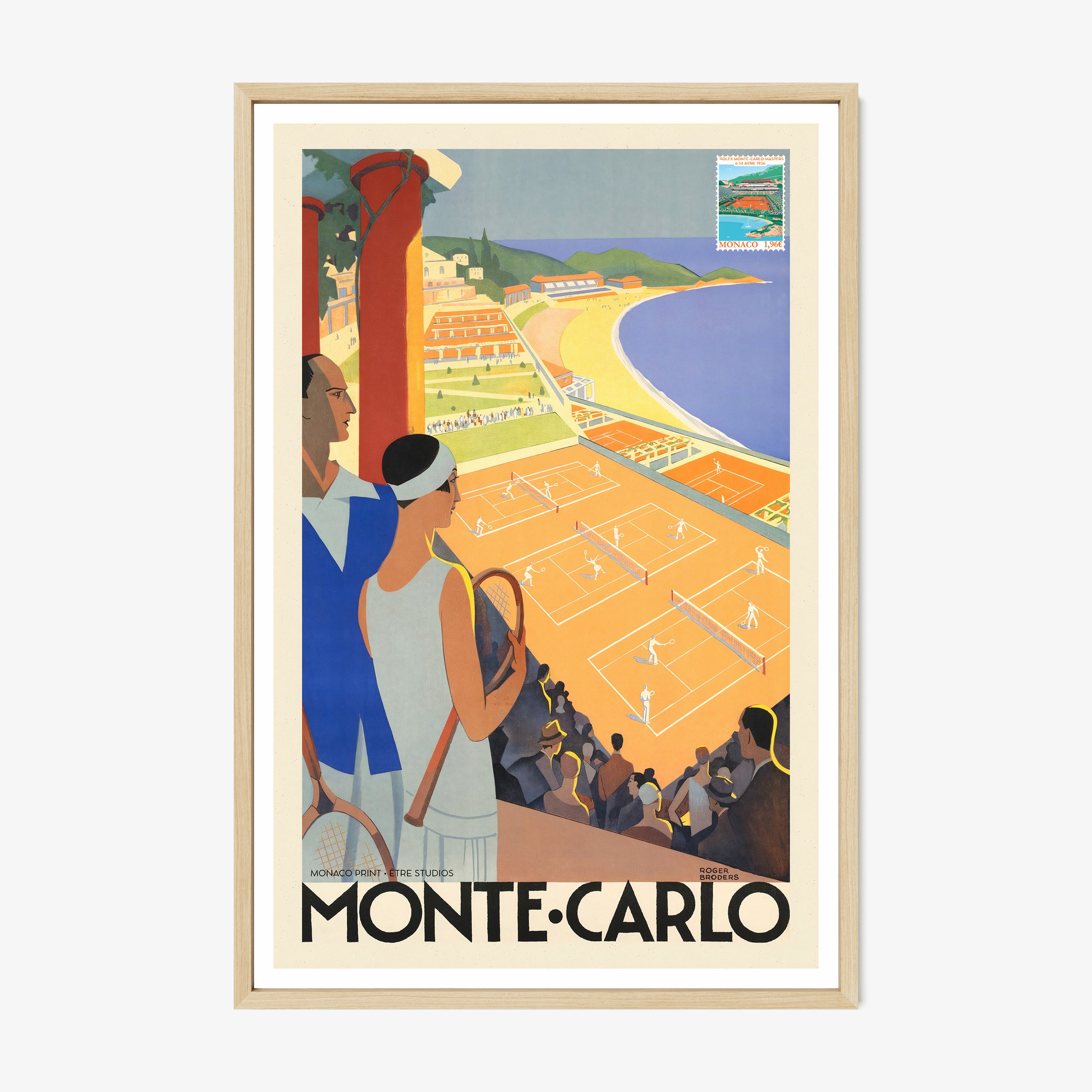 Framed poster of a tennis scene with the text "Monte Carlo" written at the bottom