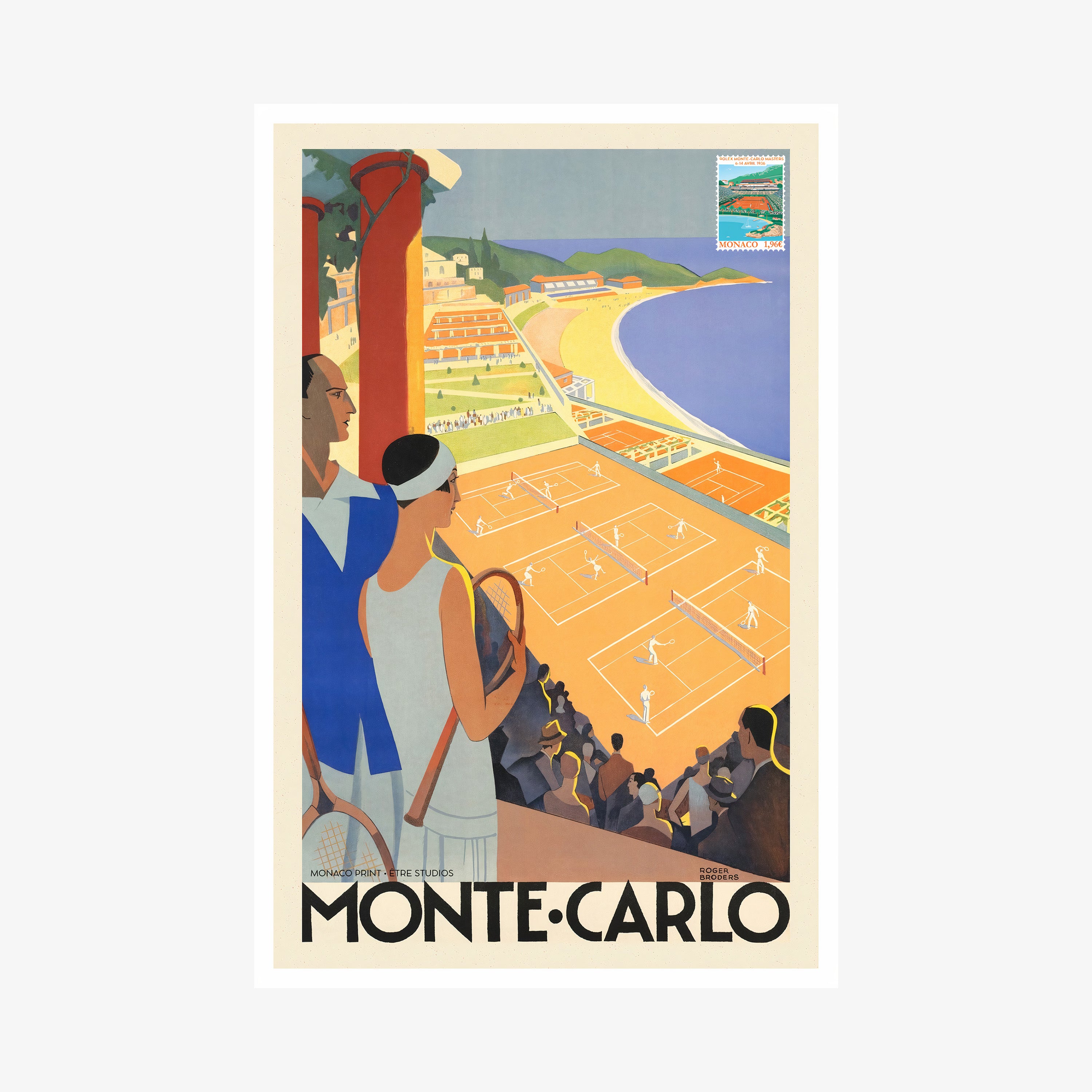 Poster of a tennis scene with the text "Monte Carlo" written at the bottom