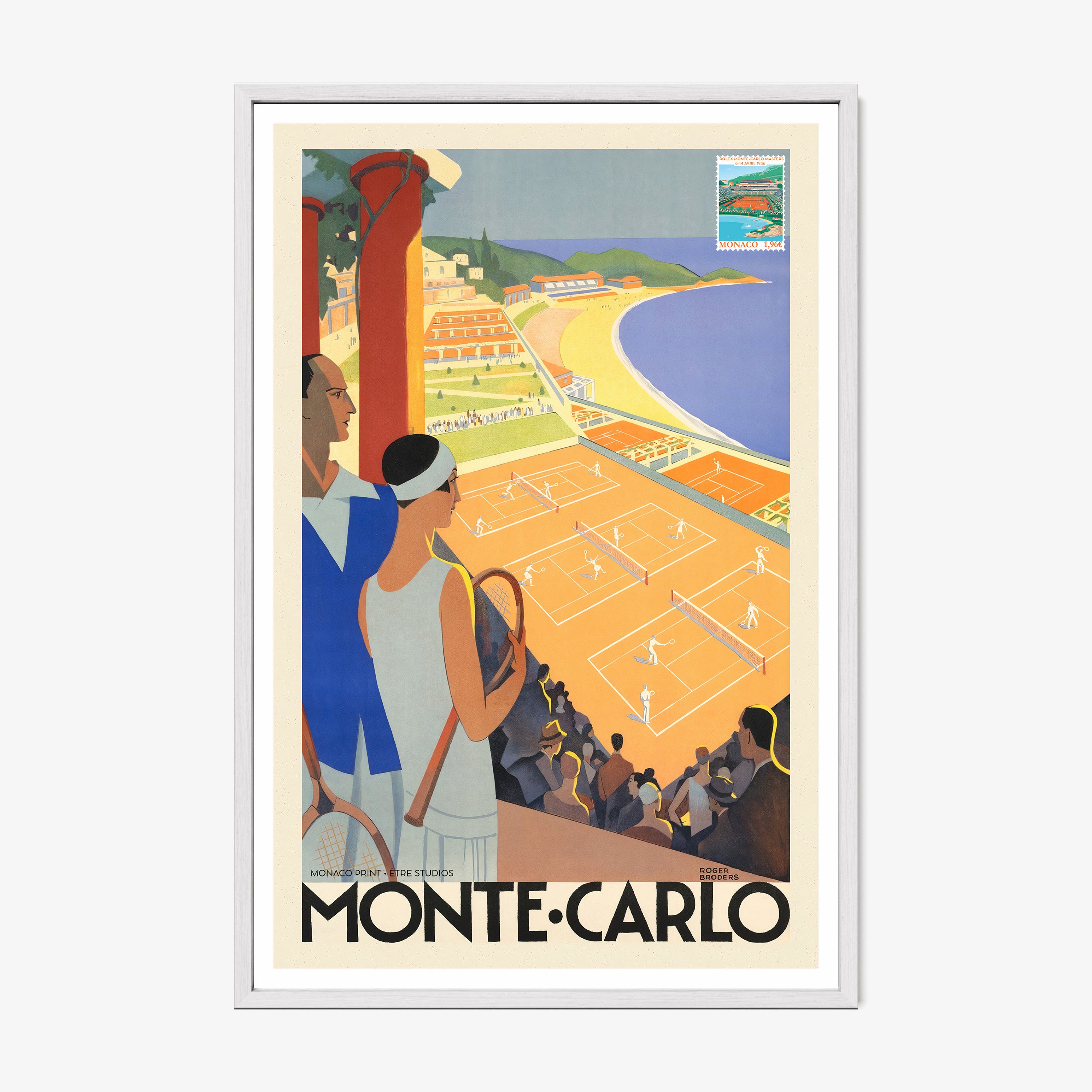 Framed poster of a tennis scene with the text "Monte Carlo" written at the bottom