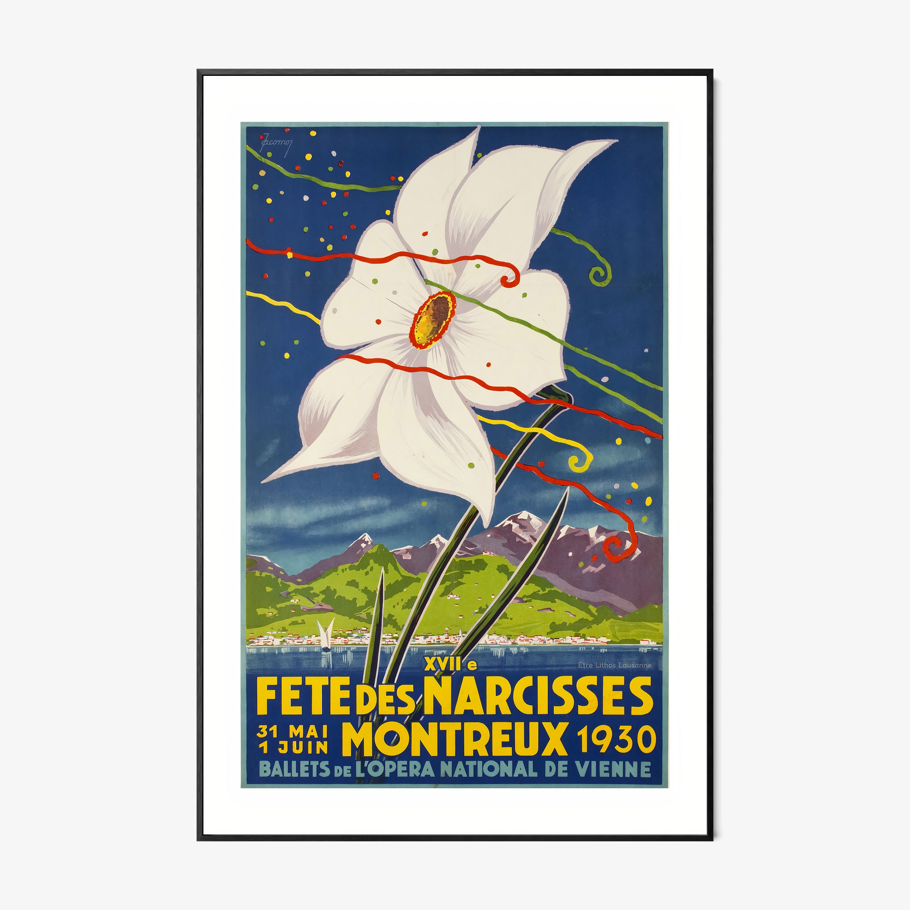Framed artwork featuring a large white flower on top of a serene mountain landscape hanging on a light background
